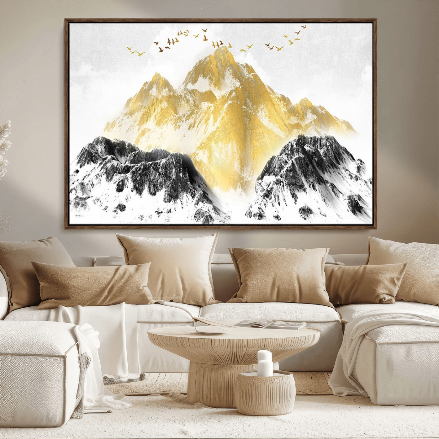 MGV-FC-36X24 - Golden Mountain Triptych Wall Art, Modern Giclee Canvas Print, Nature Landscape Decor for Living Room, Contemporary Gold and Black Wall Art