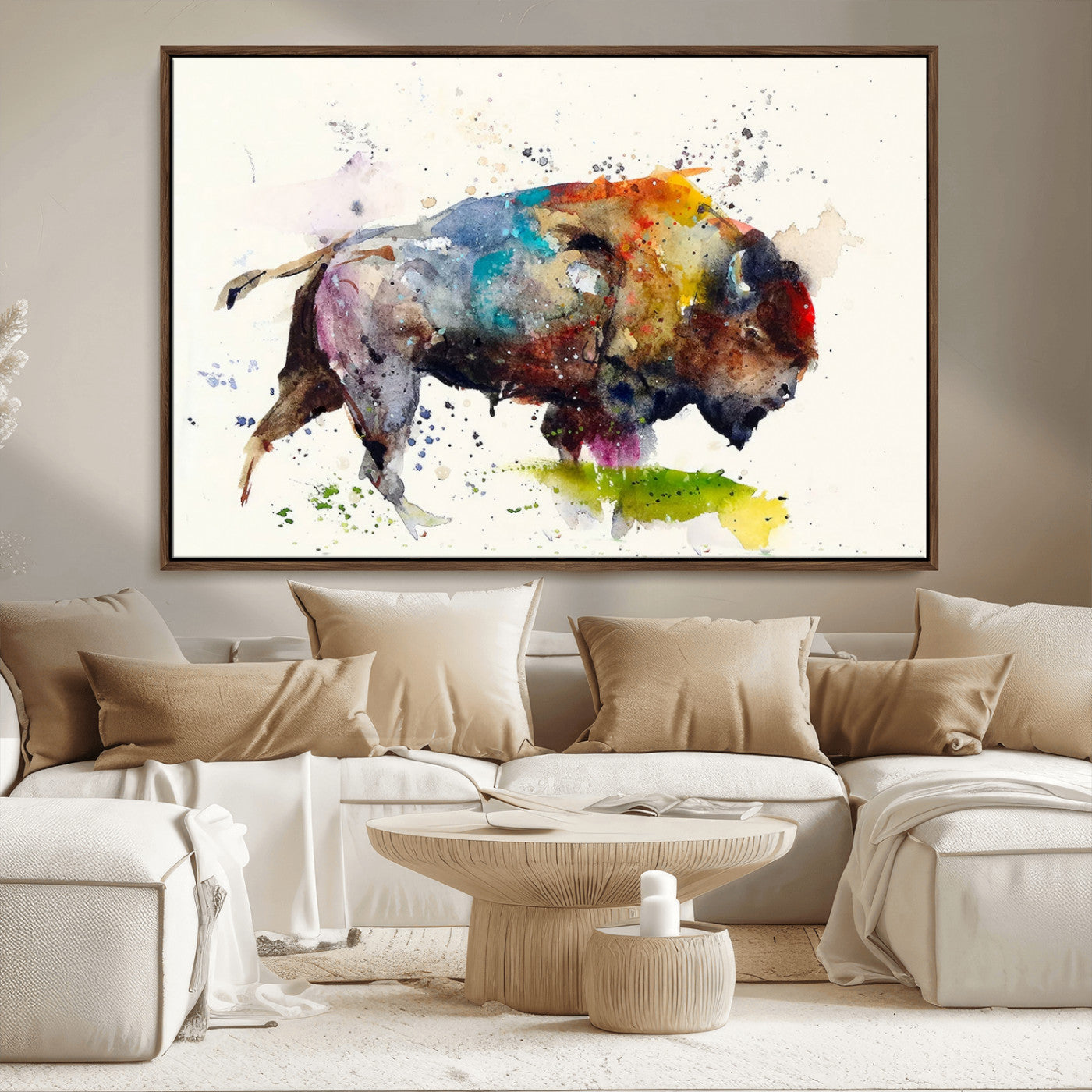 MGV-FC-36X24 - Abstract Buffalo Wall Art, Western Watercolor Bison Canvas Print, Rustic Buffalo Art for Cowboy and Western Decor, Large Multi-Panel Giclee Canvas