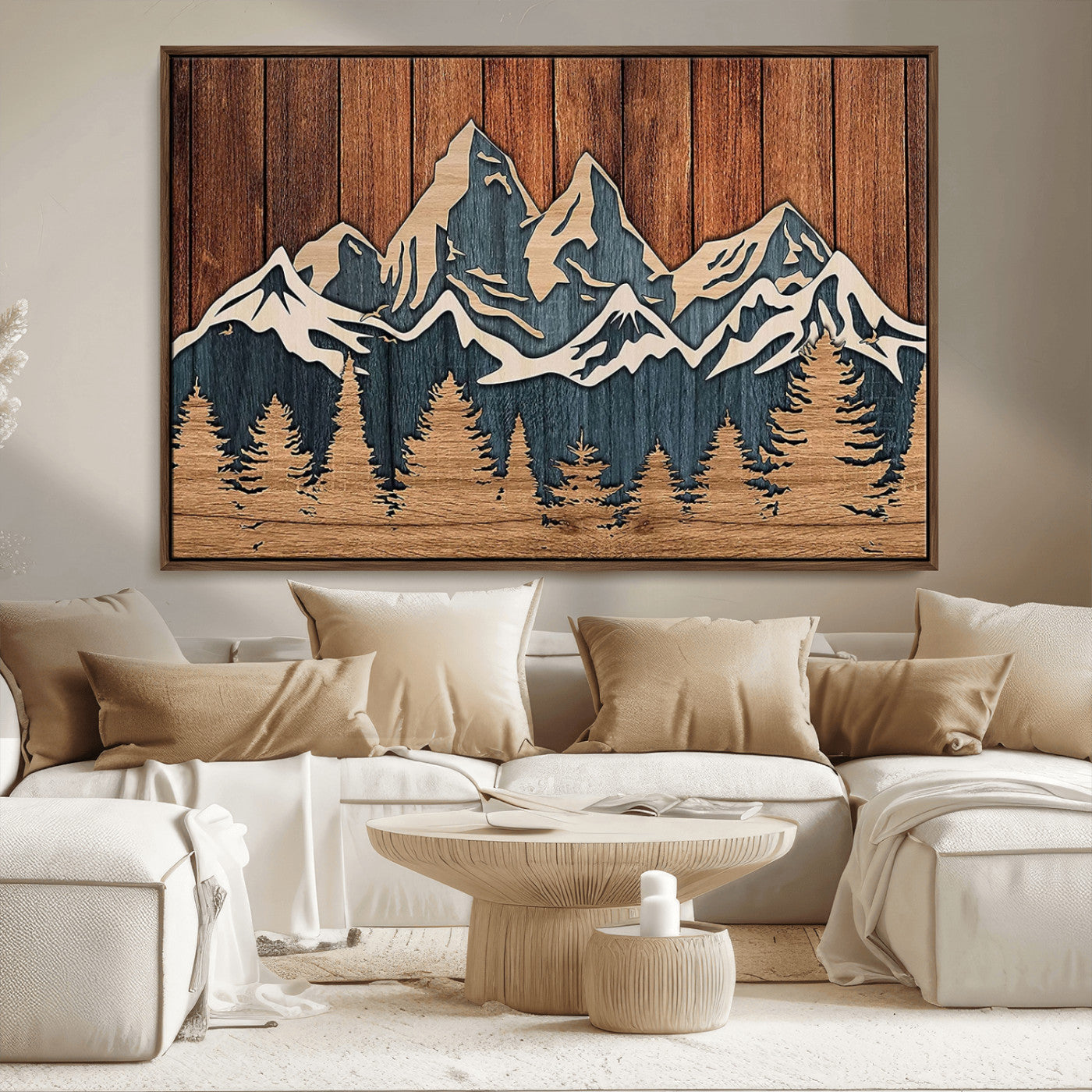 MGV-FC-36X24 - Rustic Wood Style Mountain Wall Art, Nature Forest Canvas Print, Wooden Textured Mountain Artwork, Handcrafted Landscape Decor for Farmhouse Decor
