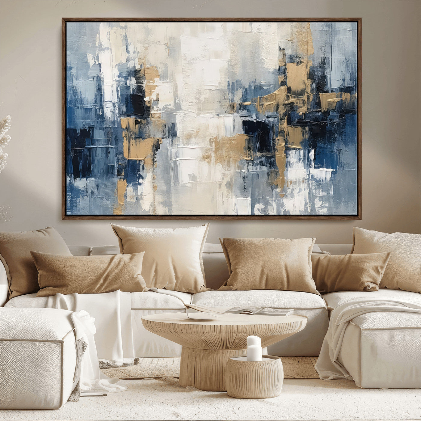 -Modern Abstract Canvas Wall Art in Blue and Gold Tones | Large Contemporary Art for Living Room,