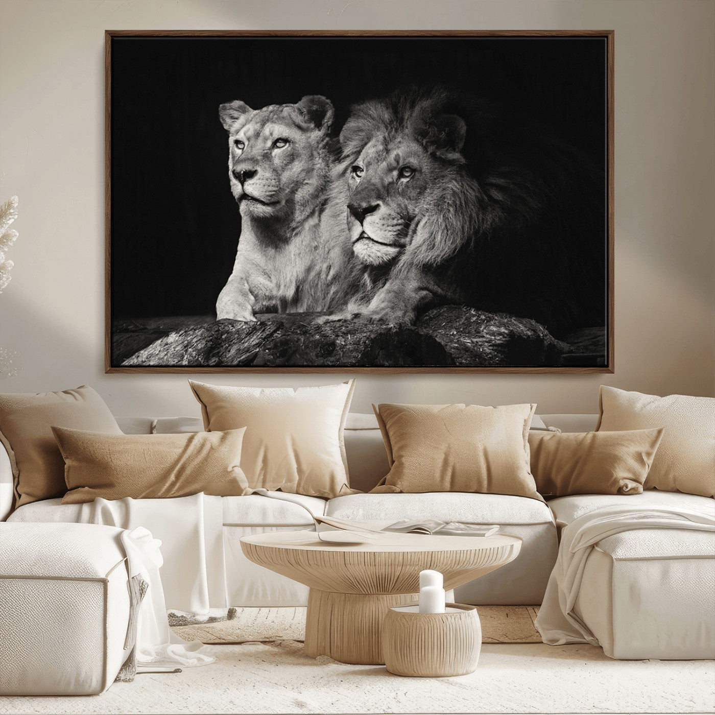 MGV-FC-36X24 - Lion Couple Canvas Wall Art Print – Elegant Wildlife Portrait in Black and White Lion Family – Ready to Hang