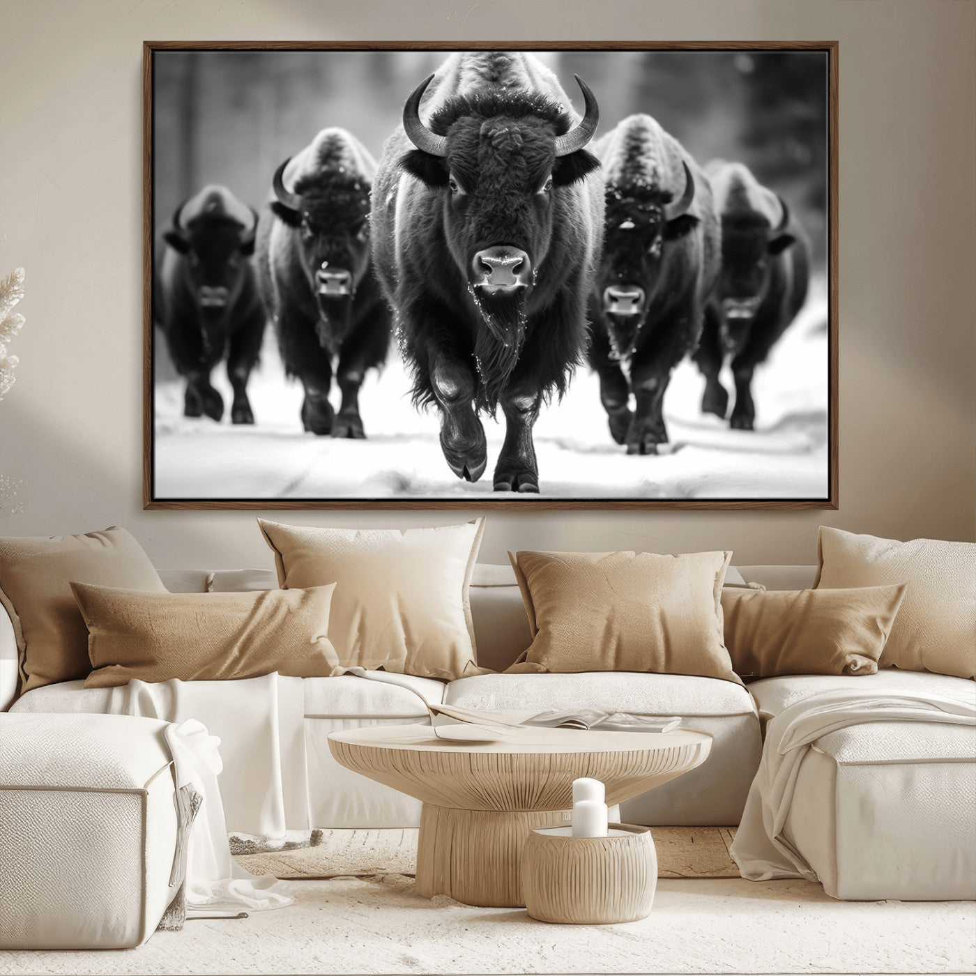 MGV-FC-36X24 - American Bison Art | Buffalo Herd Wall Art Canvas Print, BW American Bison Herd Wall Art Canvas Print