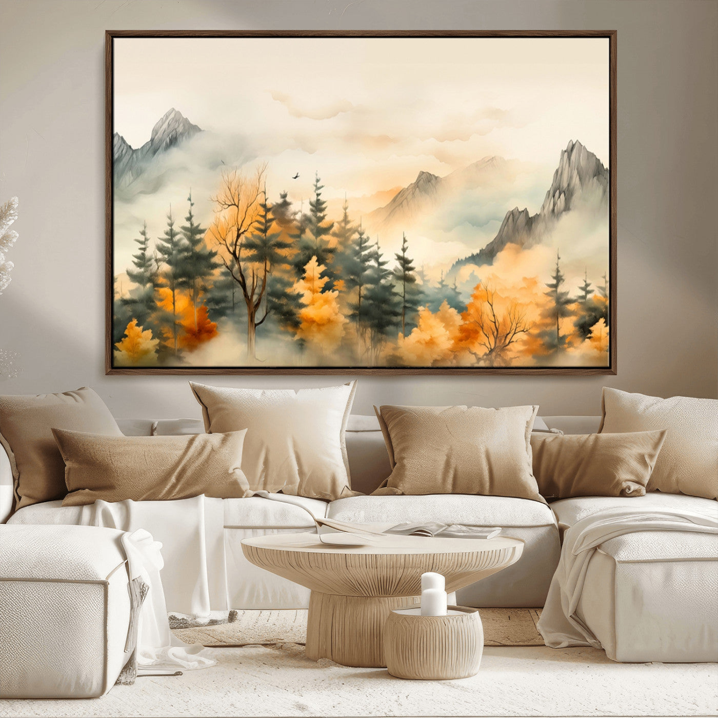 MGV-FC-36X24 - Abstract Watercolor Mountains and Trees Autumn Art, Watercolor Mountains and Trees Canvas Print
