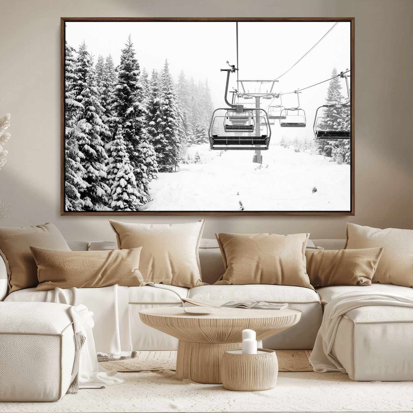 MGV-FC-36X24 - Winter Forest Wall Art Canvas Print, Framed Snowy Forest Art Picture Print, Winter Ski Lift Perfect