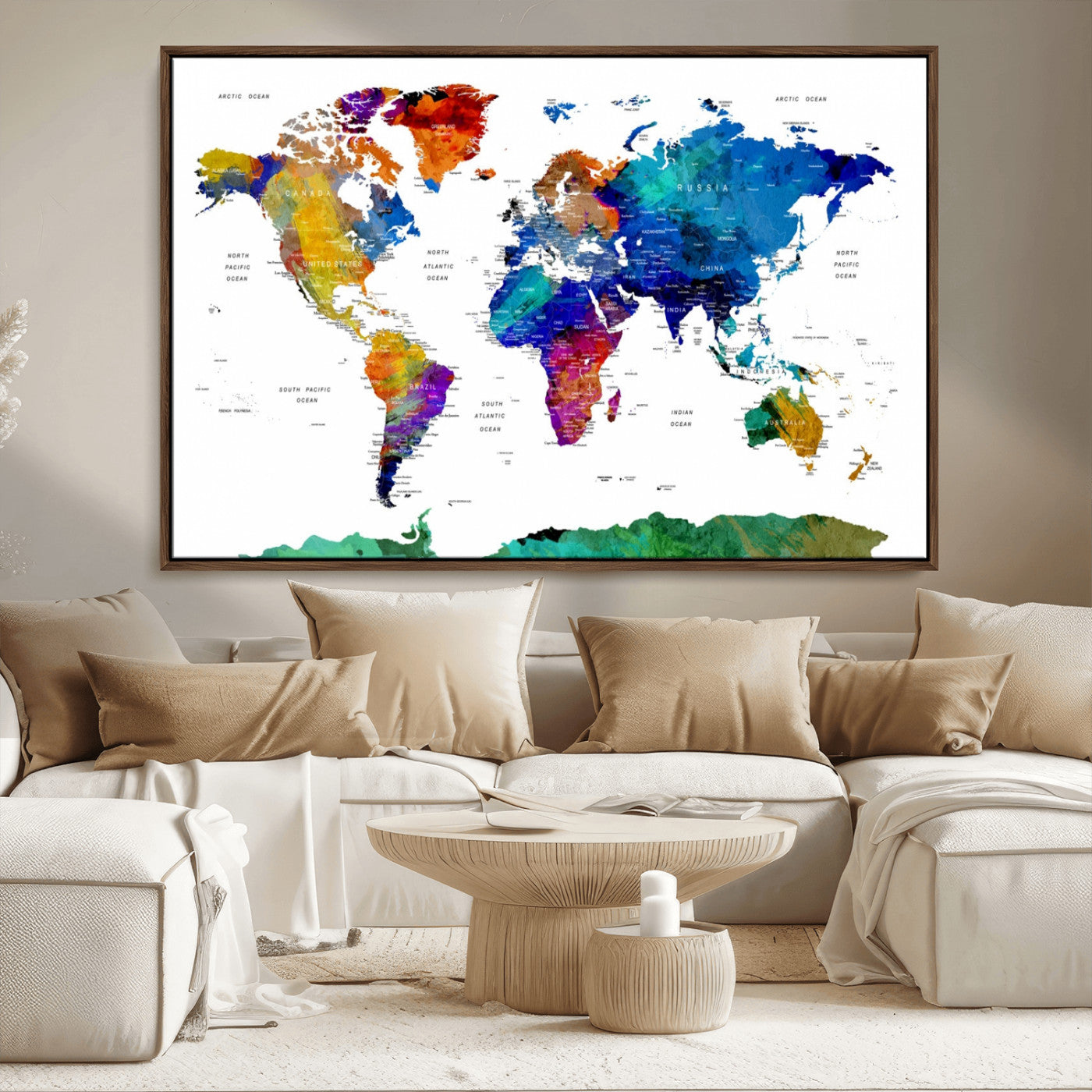 -Push Pin World Map Canvas Print – Framed Wall Art for Couples to Track Their Travels – Anniversary