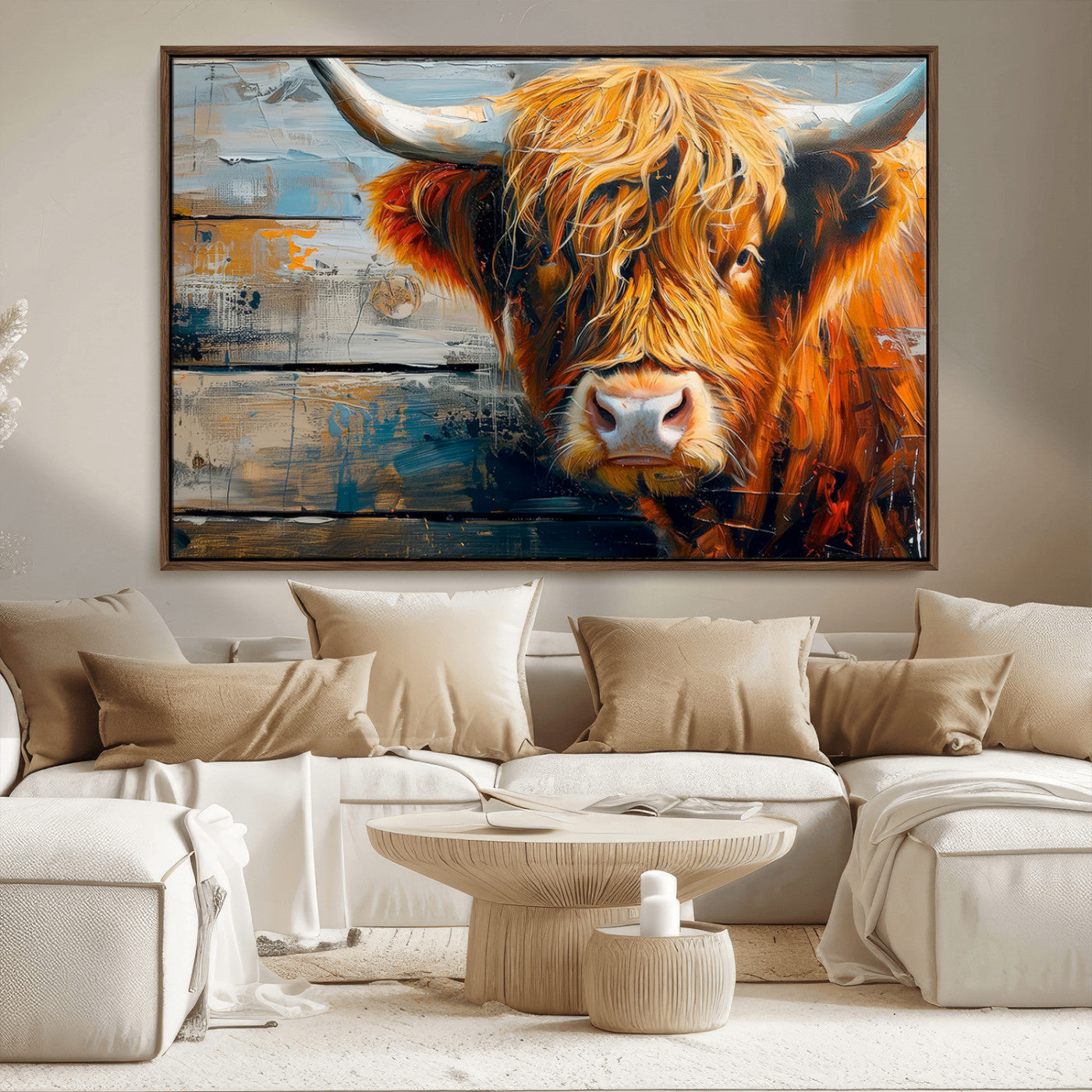 92312-MGV-FC-36X24_Walnut-Highland Cow Abstract Canvas Wall Art – Bold Farmhouse Rustic Decor – Ready to Hang