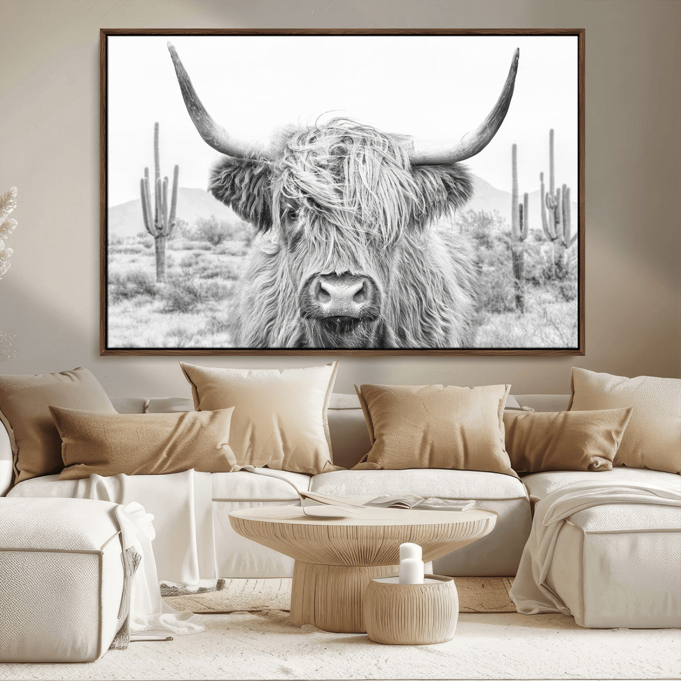 94579-MGV-FC-36X24_Walnut-Rustic Charm | Cow Longhorn Black White Bighorn Wall Art Canvas Print | Farmhouse Wall Art