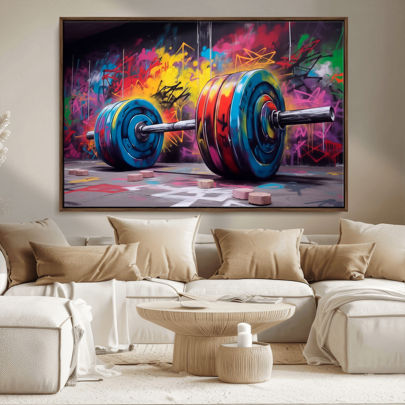 MGV-FC-36X24 - Abstract Graffiti Barbell Canvas Wall Art – Urban Fitness Meets Bold Street Art Print - Gym Wall Art Print