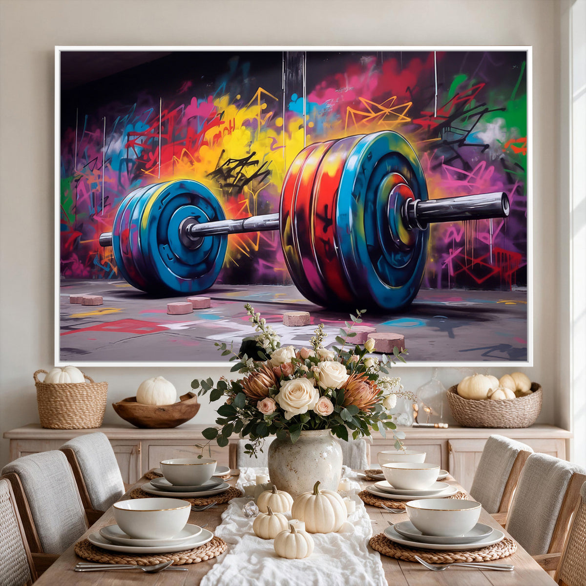 13549-MGV-CV-36X24 - Abstract Graffiti Barbell Canvas Wall Art | Urban Fitness Meets Bold Street Art