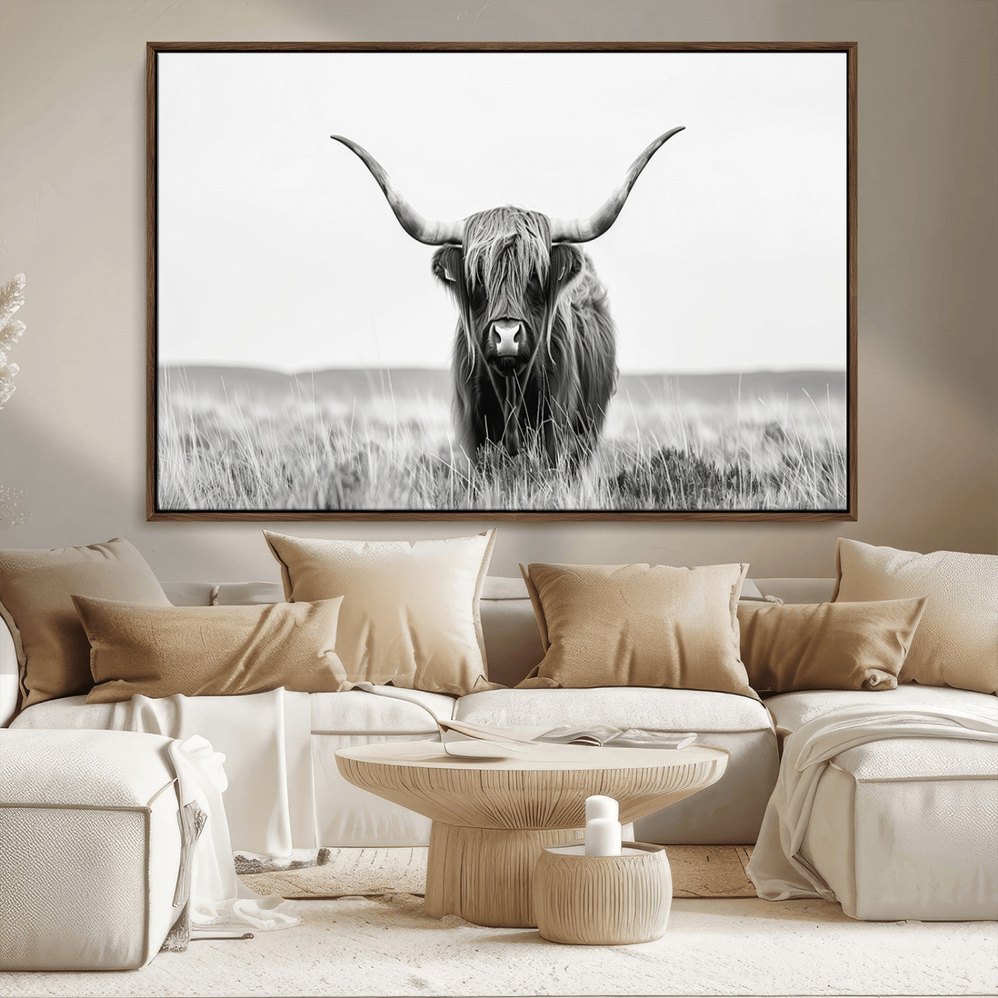 MGV-FC-36X24 - Highland Cow Canvas Wall Art – Majestic Beauty in Black and White – Ready to Hang