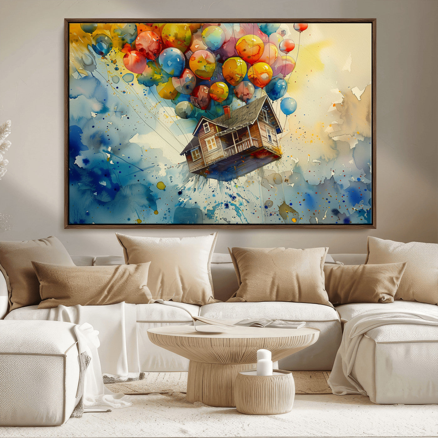 MGV-FC-36X24 - UP-Inspired Floating House with Balloons Canvas Art – Colorful 3-Panel Wall Decor for Living Room,