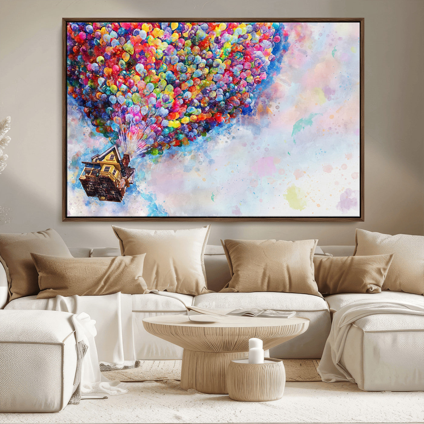 MGV-FC-36X24 - Don't Look Up Movie Canvas Wall Art - Vibrant Floating House and Balloons Scene, Tribute to Iconic