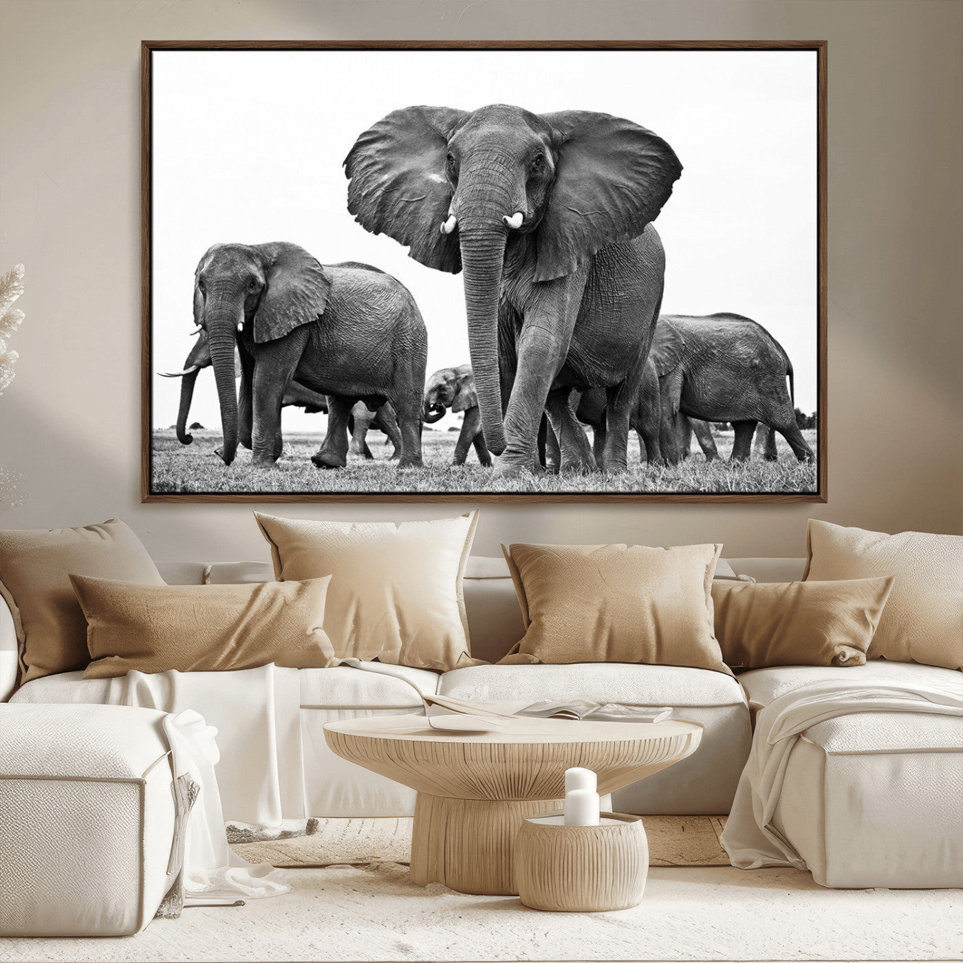 MGV-FC-36X24 - Black White Elephant Family Wall Art Canvas Print