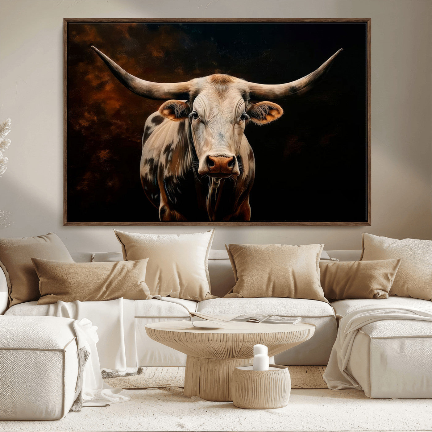 MGV-FC-36X24 - Texas Longhorn Wall Art | 3-Panel Large Texas Longhorn Canvas Print for Living Room, Office, or Farmhouse Decor | Framed Giclee Longhorn Wall Art