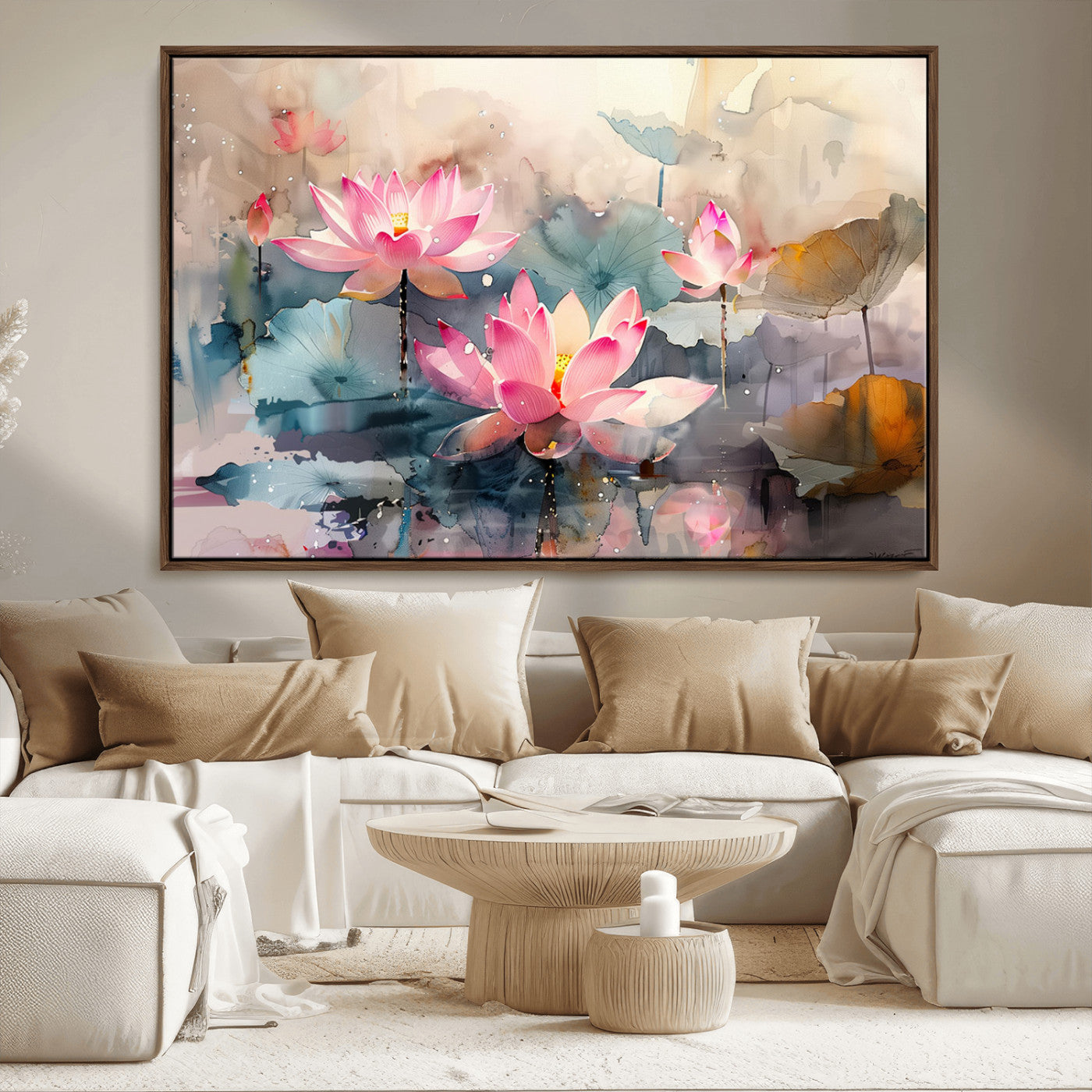 MGV-FC-36X24 - Lotus Flower Wall Art | 3-Panel Giclee Canvas Print of Pink Lotus Blossoms for Living Room, Bedroom, Office | Framed Lotus Floral Wall Art Decor Print
