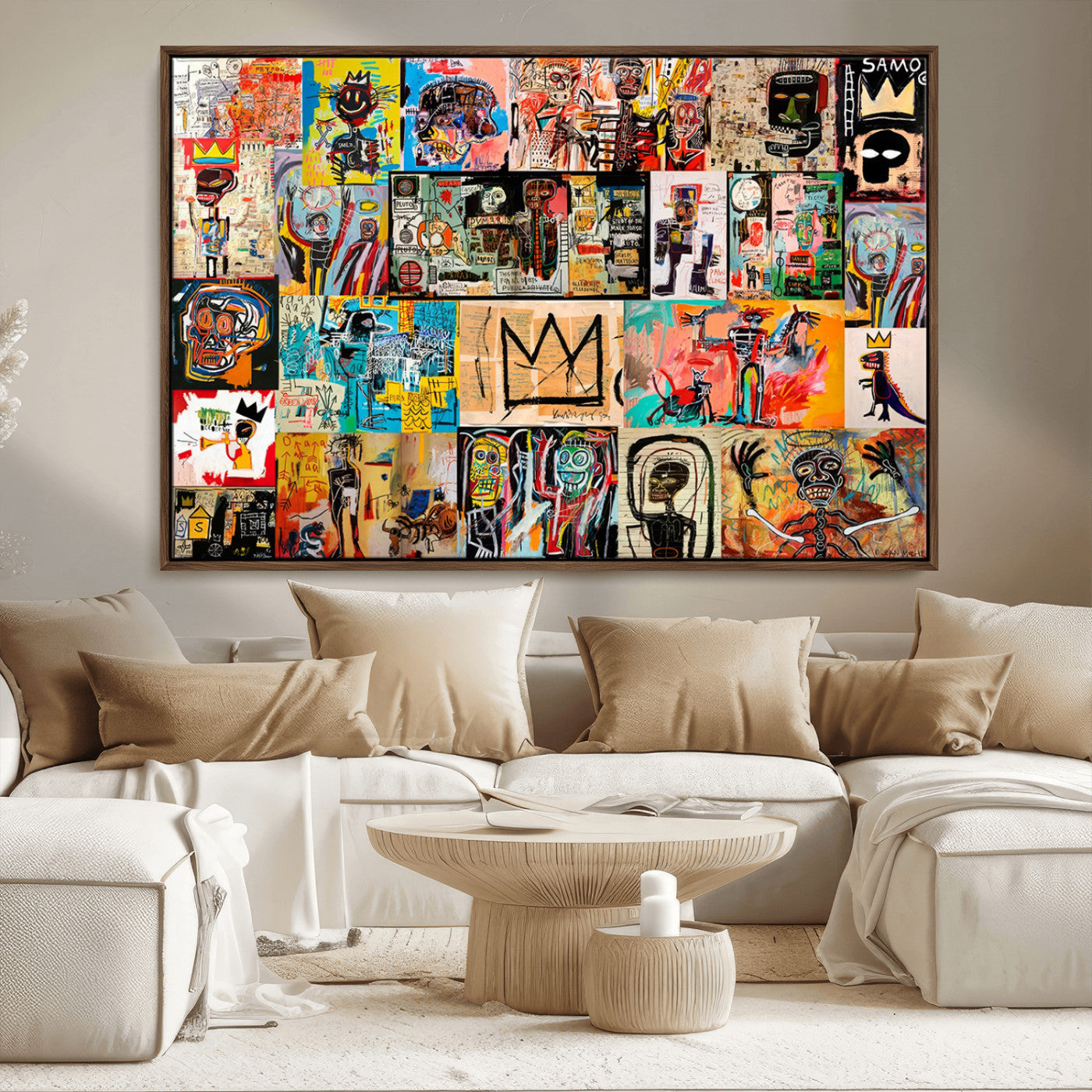 MGV-FC-36X24 - Basquiat Art Collage Wall Art Canvas Print – Framed, Ready to Hang, Urban Graffiti Style