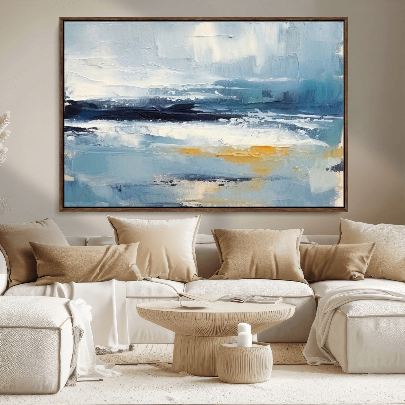 MGV-FC-36X24 - Abstract Ocean Canvas Wall Art - Coastal Blue and Gold Textured Painting, Modern Seascape Decor for Living Room Decor