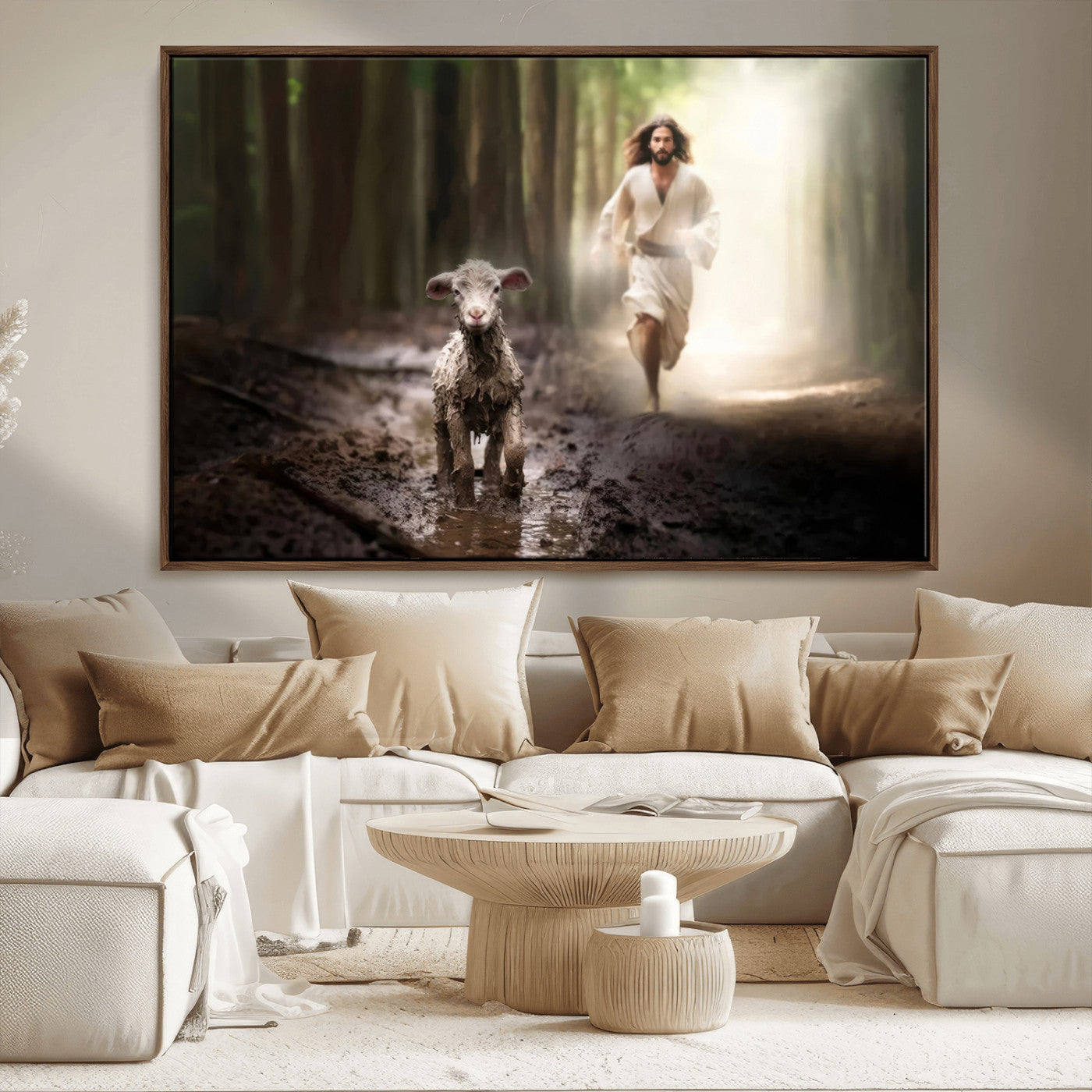 MGV-FC-36X24 - Jesus Canvas Wall Art - Jesus Running After Lost Lamb, Jesus, Christian Home Decor - Church Wall Art