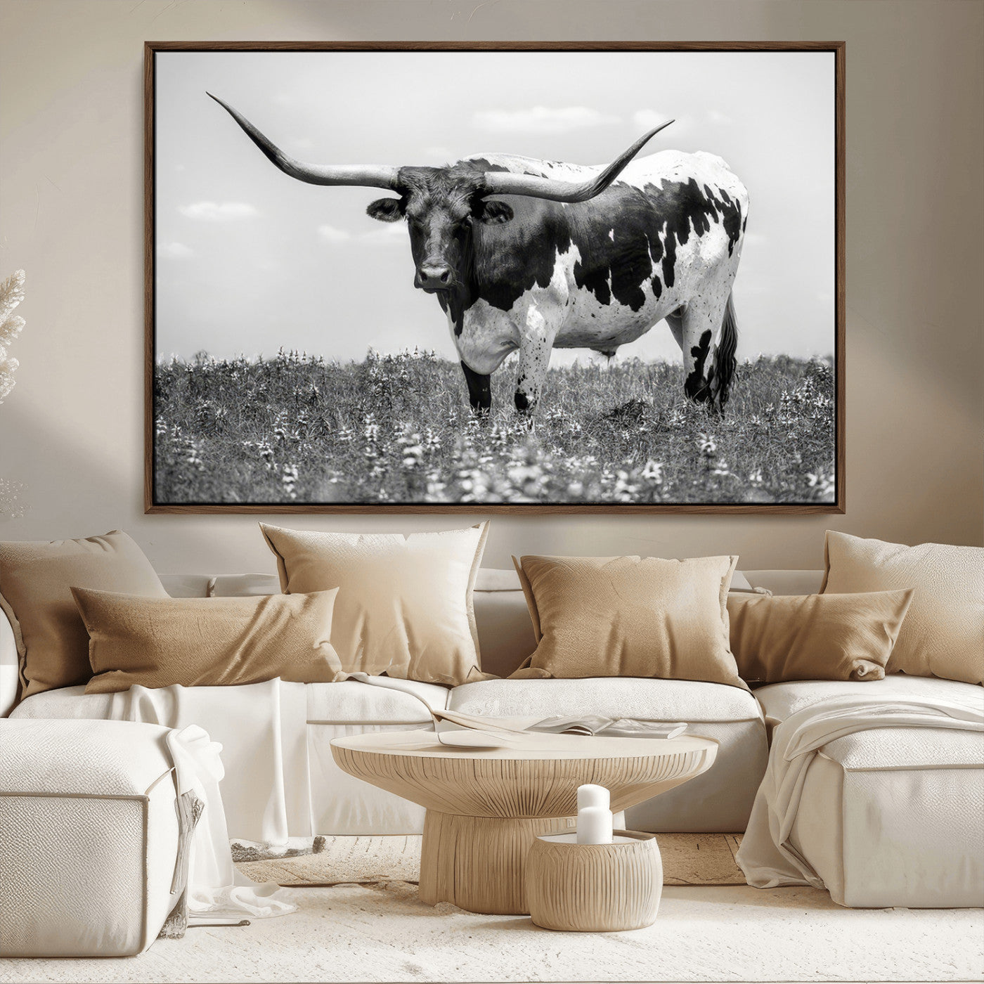 94709-MGV-FC-36X24_Walnut-Texas Black White Highland Longhorn Cow Wall Art Canvas Print