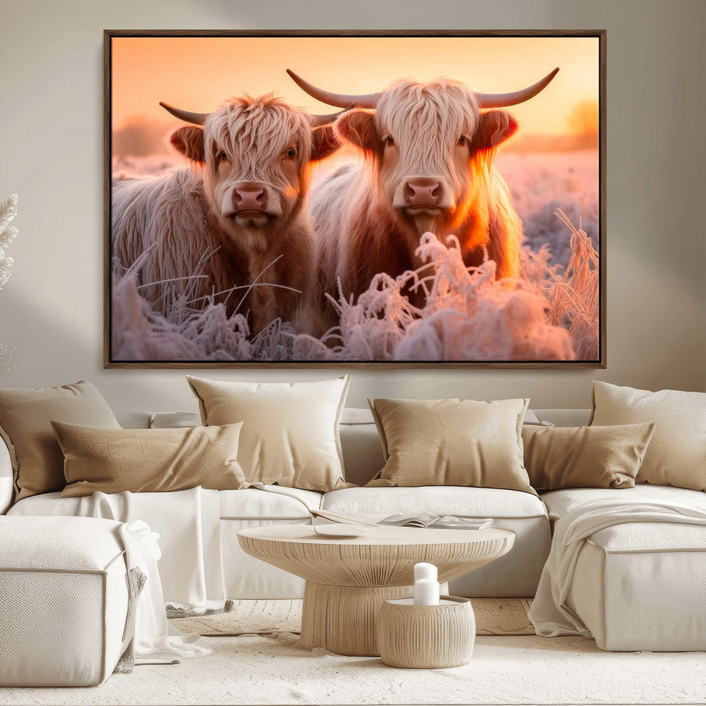 -Highland Cows at Sunrise Wall Art Canvas Set – Serene and Rustic Farmhouse Decor