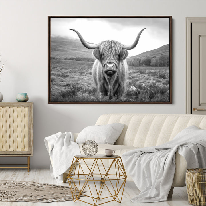 Black White Scottish Highland Cow Canvas Farm Wall Art Canvas Print