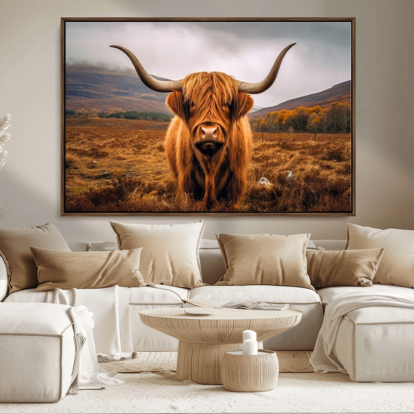 65529-MGV-FC-36X24_Walnut-Highland Cow Longhorn Wall Art – Rustic Canvas Print, Framed and Ready to Hang for Farmhouse Décor