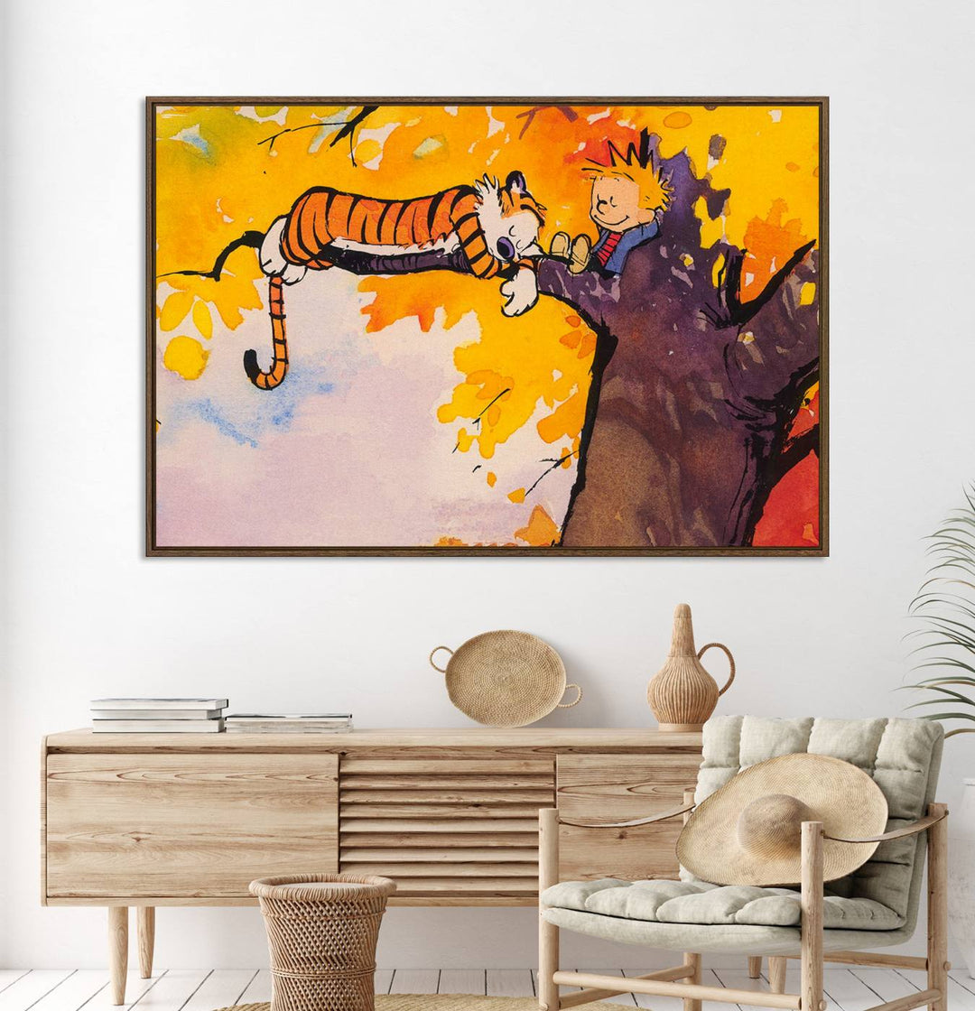 Premium canvas Calvin Wall Arts featuring a boy and tiger relaxing on a branch.