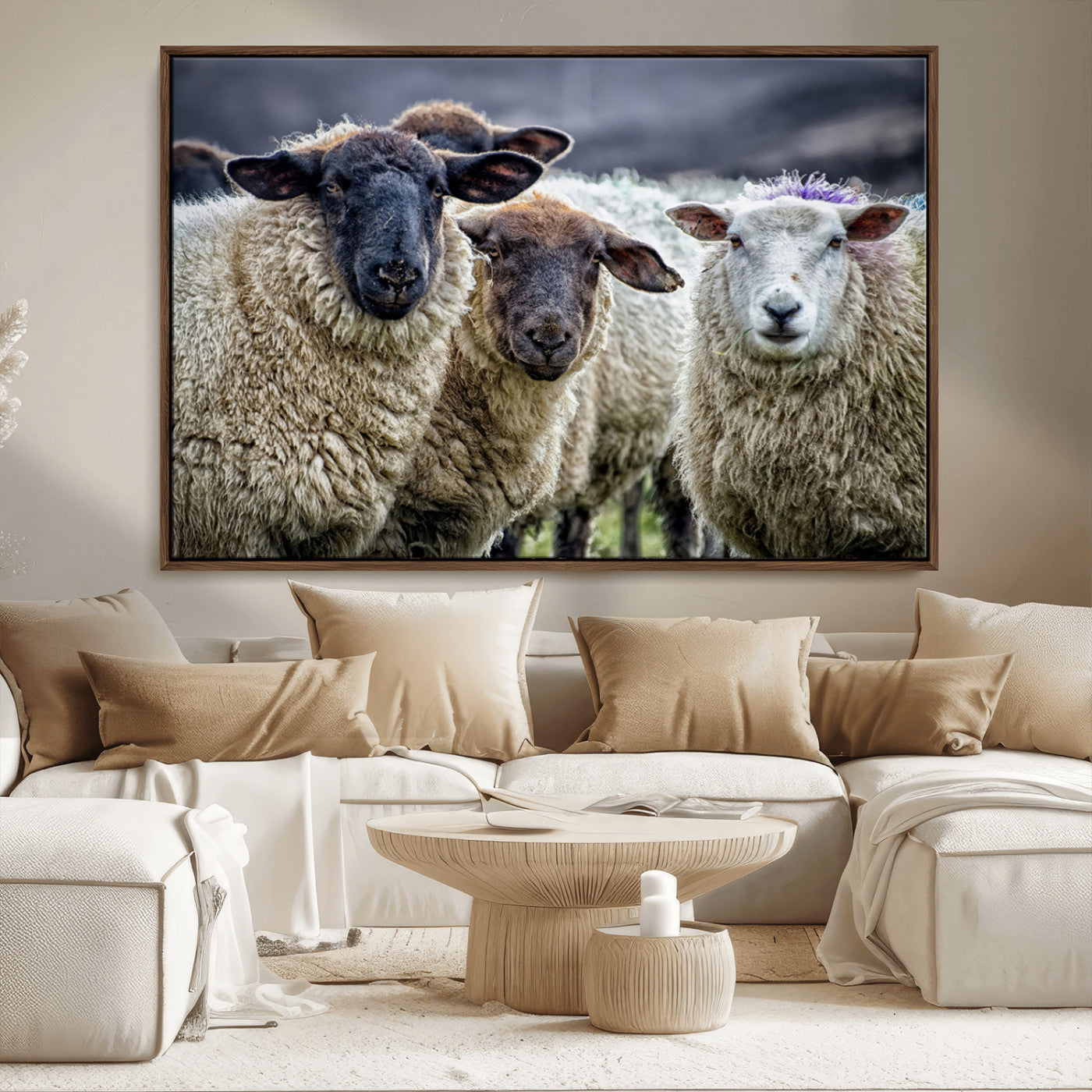 -Charming Sheep Portrait Wall Art – Trio of Woolly Companions Canvas Print, Framed, Ready to Hang