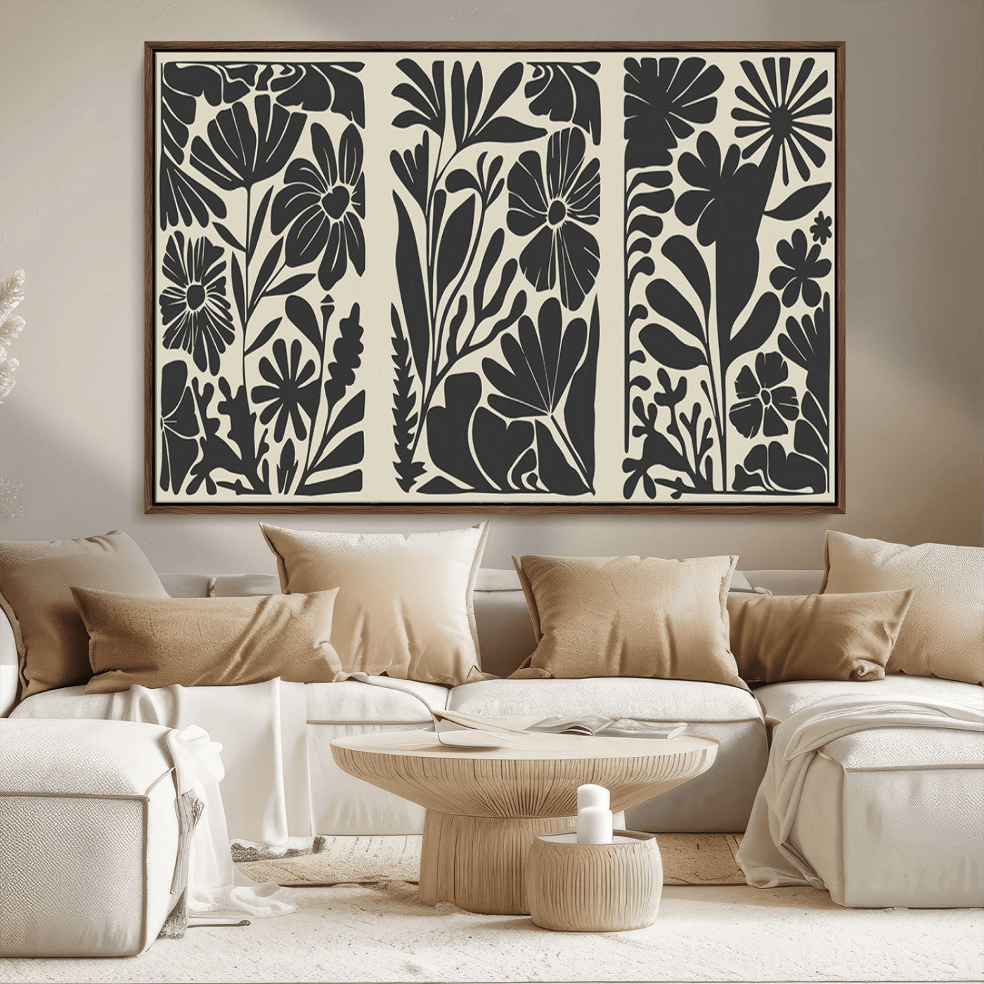 MGV-FC-36X24 - Modern Botanical Wall Art - Floral Black and White Canvas Print, Framed, Ready to Hang