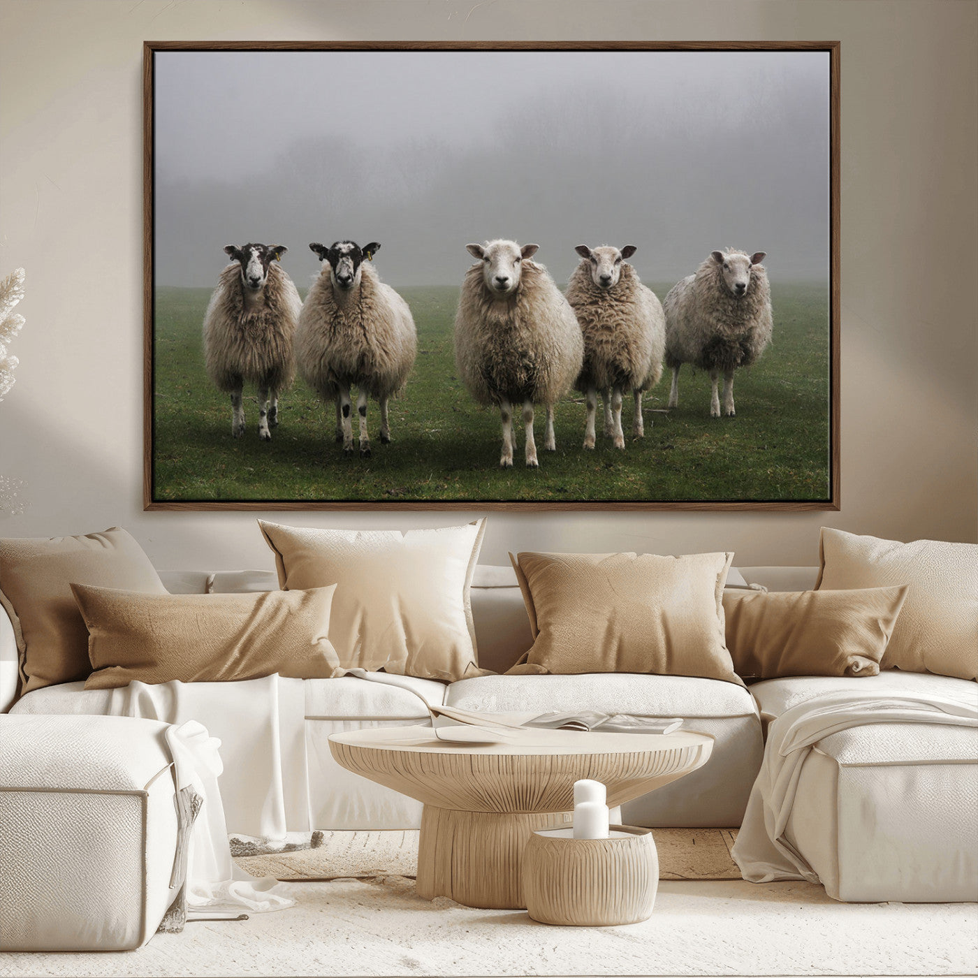 -Flock of Sheep in a Mystical Fog – Pastoral Wall Art Canvas Print, Framed, Ready to Hang