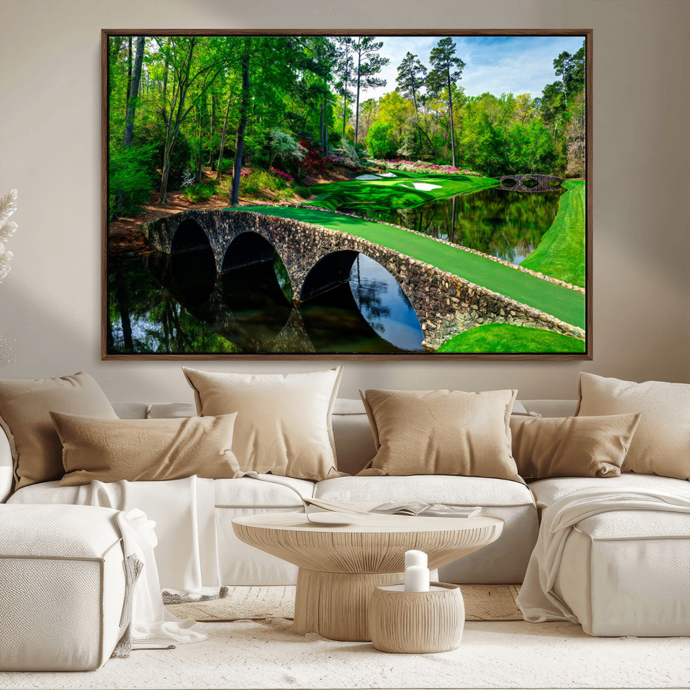 MGV-FC-36X24 - Augusta National Golf Club Wall Art - Panoramic Bridge & Lush Greenery – Premium Framed, Ready-to-Hang Triptych Canvas