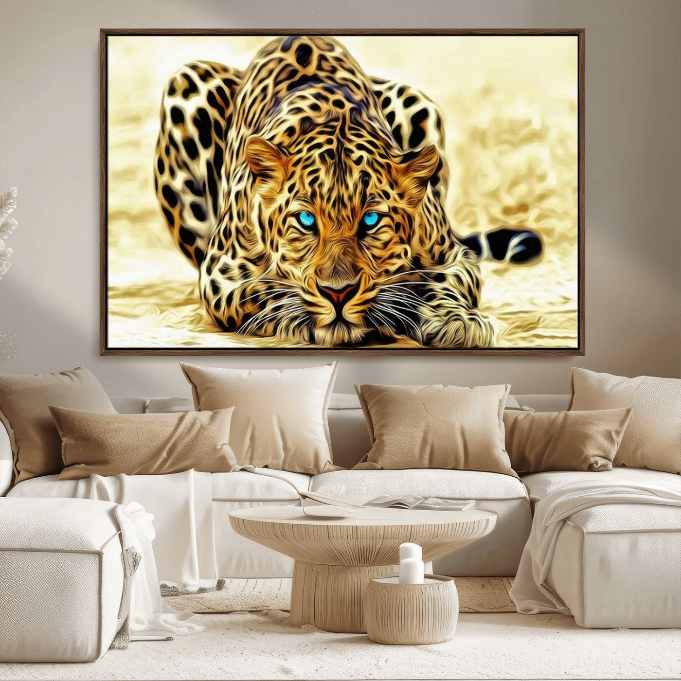 45281-MGV-FC-36X24_Walnut-Blue-Eyed Leopard Canvas Wall Art - Framed Animal Print Ready to Hang - Fierce and Bold Decor for