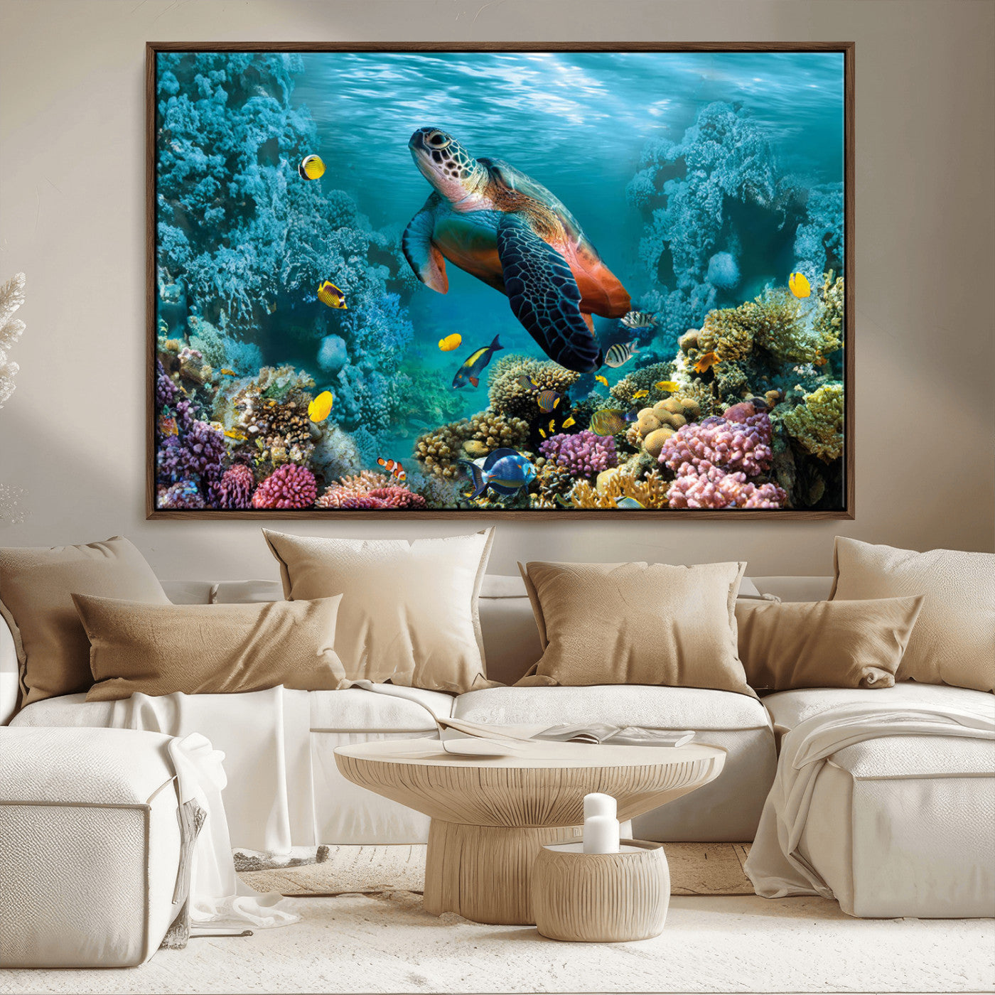 MGV-FC-36X24 - Sea Turtle and Coral Reef Triptych Wall Art – Vibrant Underwater Scene Canvas Set for Ocean Lovers and Coastal Decor – Ready to Hang 3-Panel Artwork