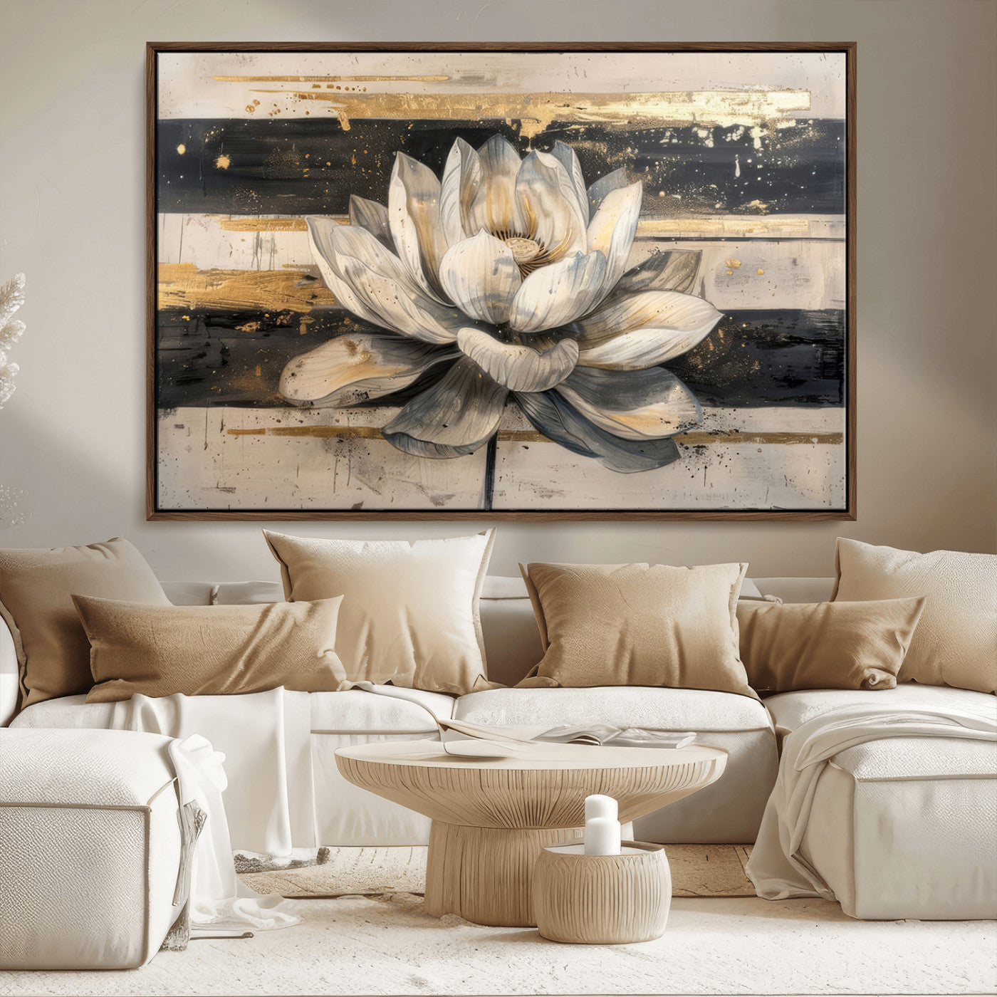 MGV-FC-36X24 - Lotus Flower Wall Art Canvas Print, Framed Abstract Lotus Art Picture Print, White Lotus Flower Perfect Abstract Floral Decor Artwork