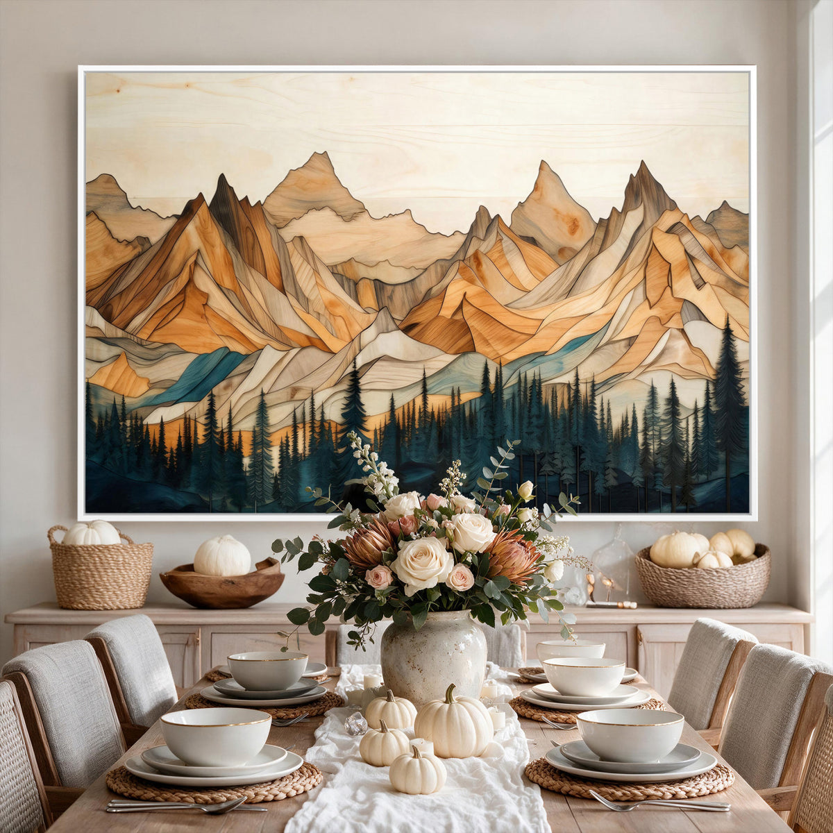 31576-MGV-CV-36X24 - Geometric Wood Mountain Landscape Wall Art Canvas Print, Rustic Forest Painting Print