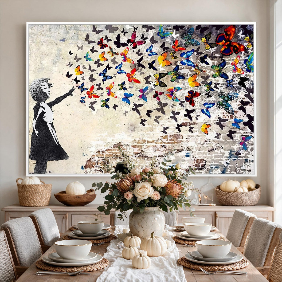 97895-MGV-CV-24X16 - Banksy Graffiti Wall Art Canvas Print, Girl Releasing Vibrant Butterflies