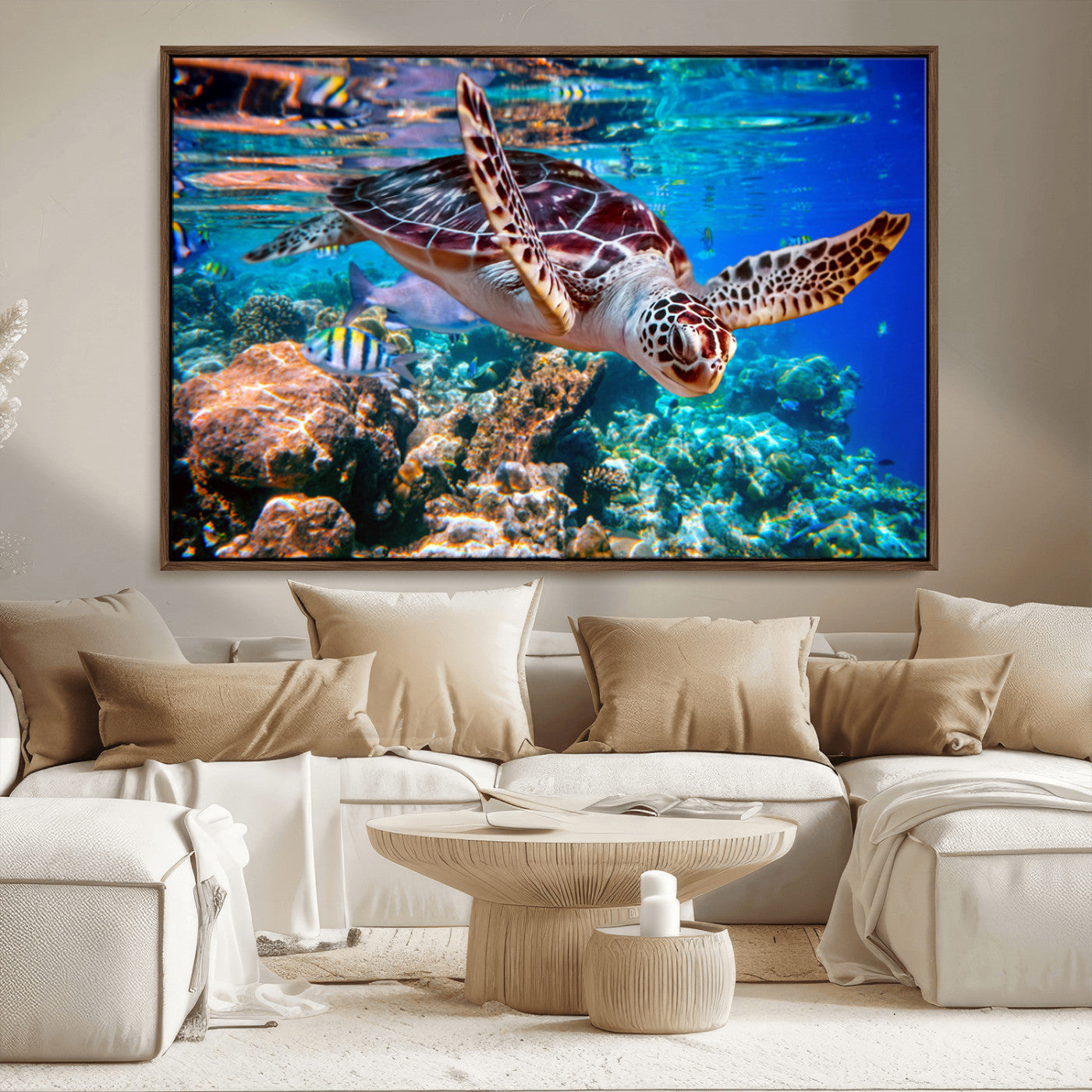 MGV-FC-36X24 - Underwater Coral Reef Sea Turtle Wall Art Canvas Print, Vibrant Marine Life | Colorful Ocean Scene