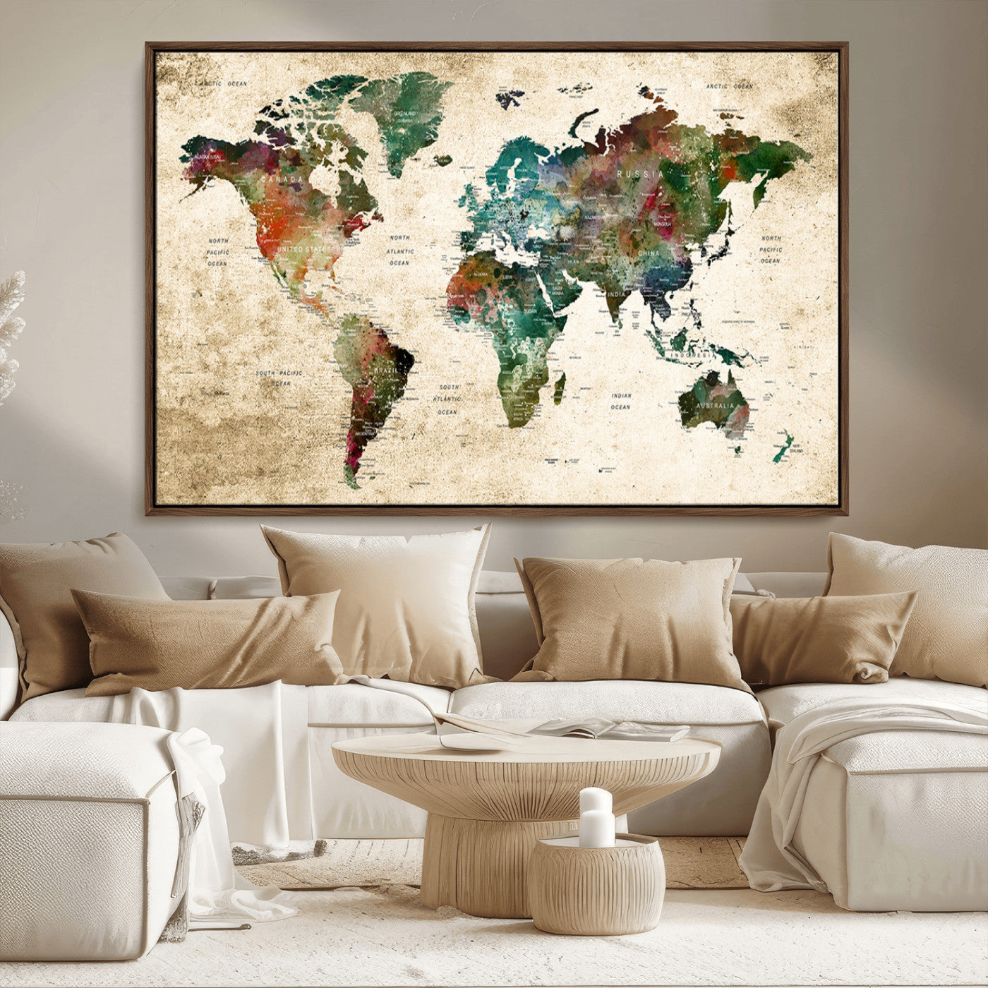 45128-MGV-FC-36X24_Walnut-Push Pin World Map Canvas Print – Framed Wall Art for Couples to Track Their Travels – Anniversary Gift or Home Adventure Decor