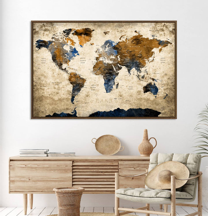 Vintage World Map Canvas Wall Art – Textured Triptych Map Print – Global Decor for Living Room or Office – Ready to Hang