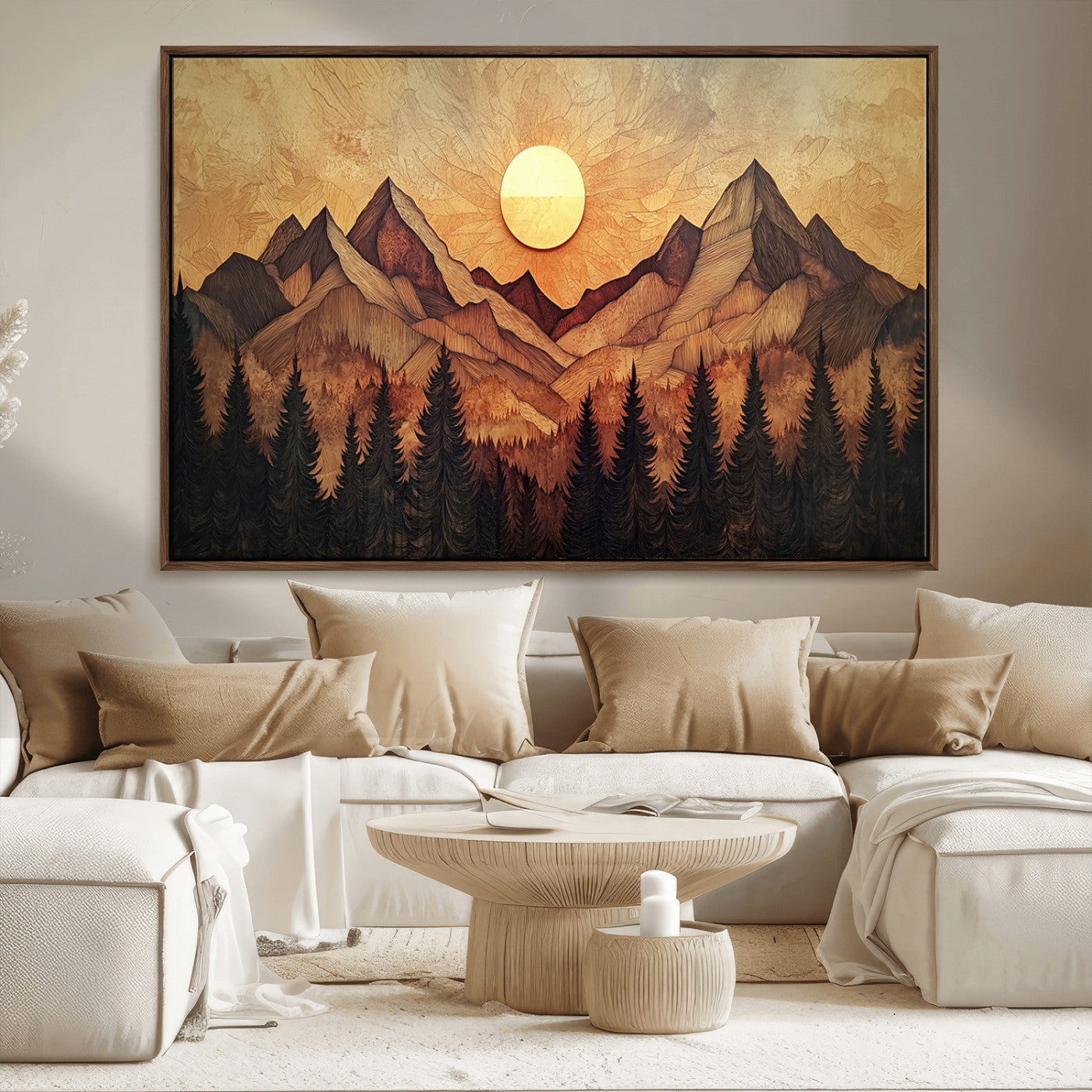 MGV-FC-36X24 - Wood Style Abstract Mountain Sunset Canvas Wall Art Print - Warm Earth Nature-Inspired Decor for