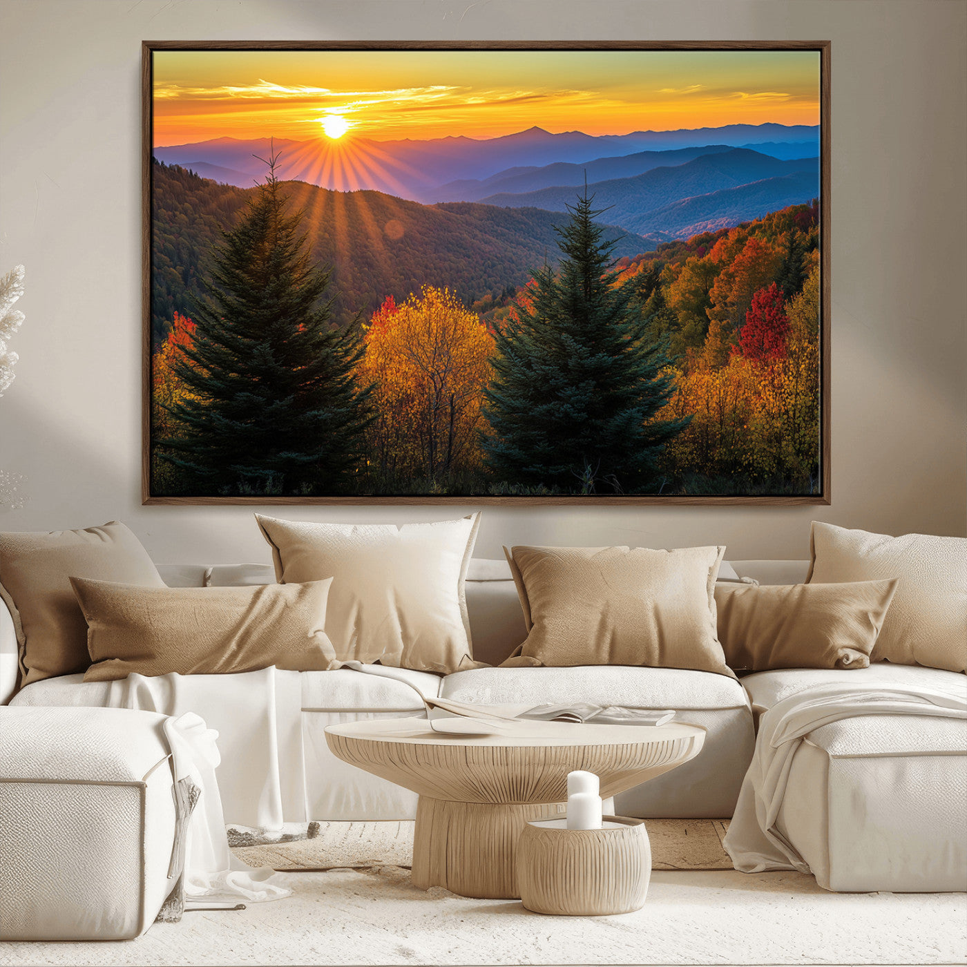 MGV-FC-36X24 - Golden Sunset Over Mountain Forest Canvas Wall Art Print - Warm Nature-Inspired Landscape for Living