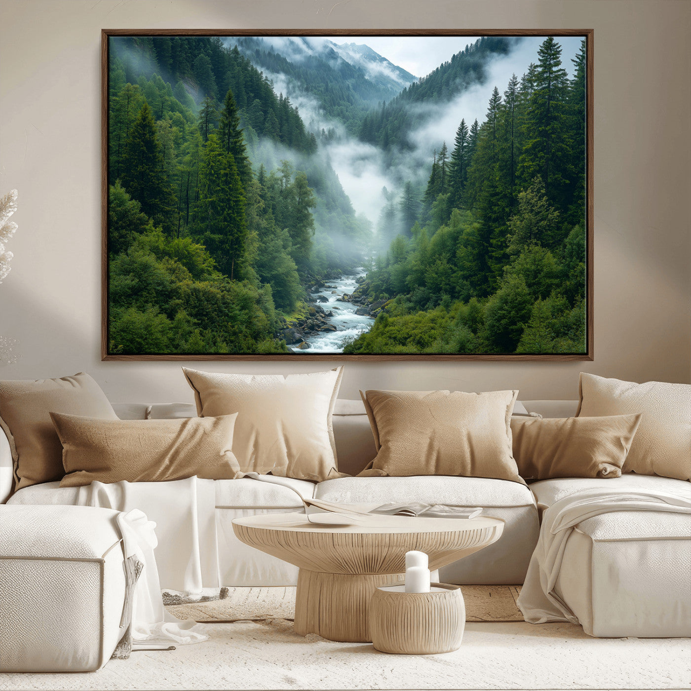 MGV-FC-36X24 - Mountain Forest River Canvas Wall Art Print - Serene Nature Landscape for Living Room, Office, or
