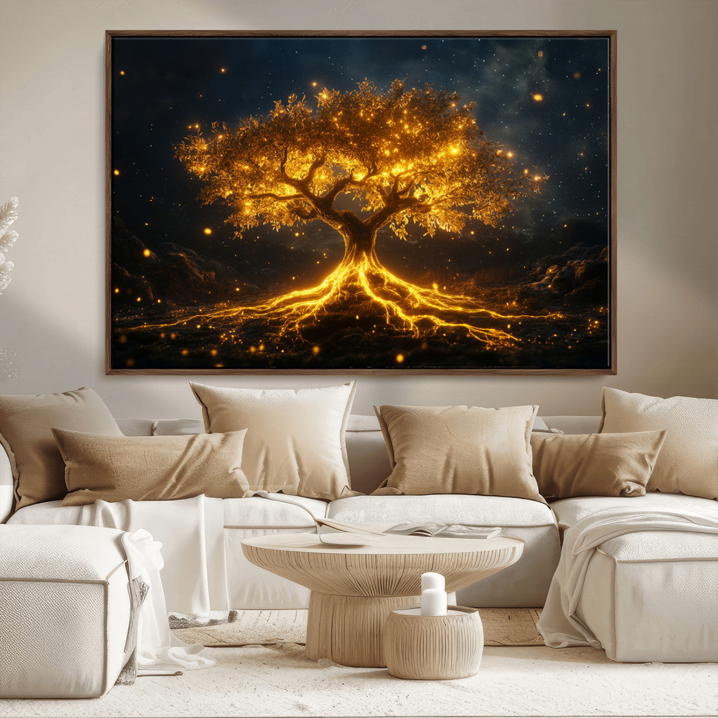 MGV-FC-36X24 - Golden Tree of Life Canvas Wall Art Print - Majestic Glowing Tree Design for Living Room, Office, or