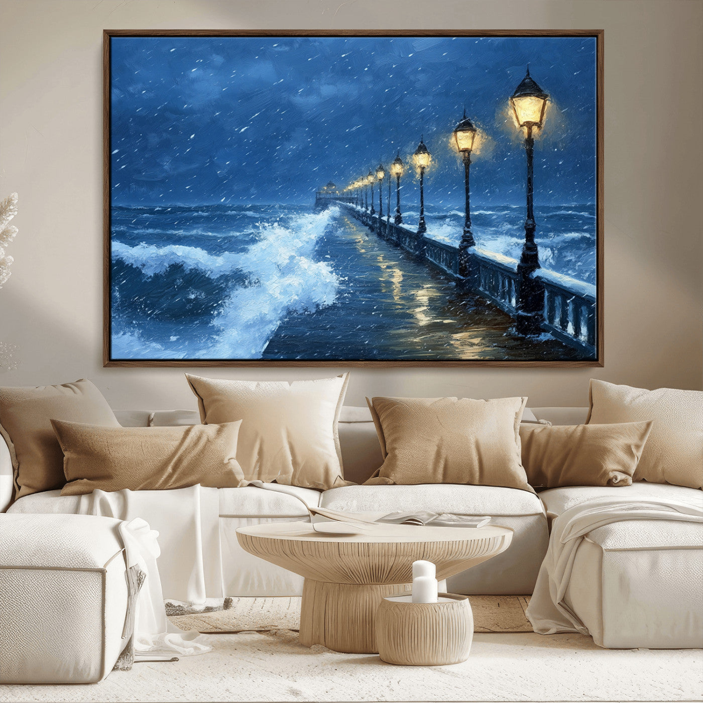 MGV-FC-36X24 - Stormy Ocean Pier Lights Canvas Wall Art Print - Large Moody Night Scene for Living Room, or Office,