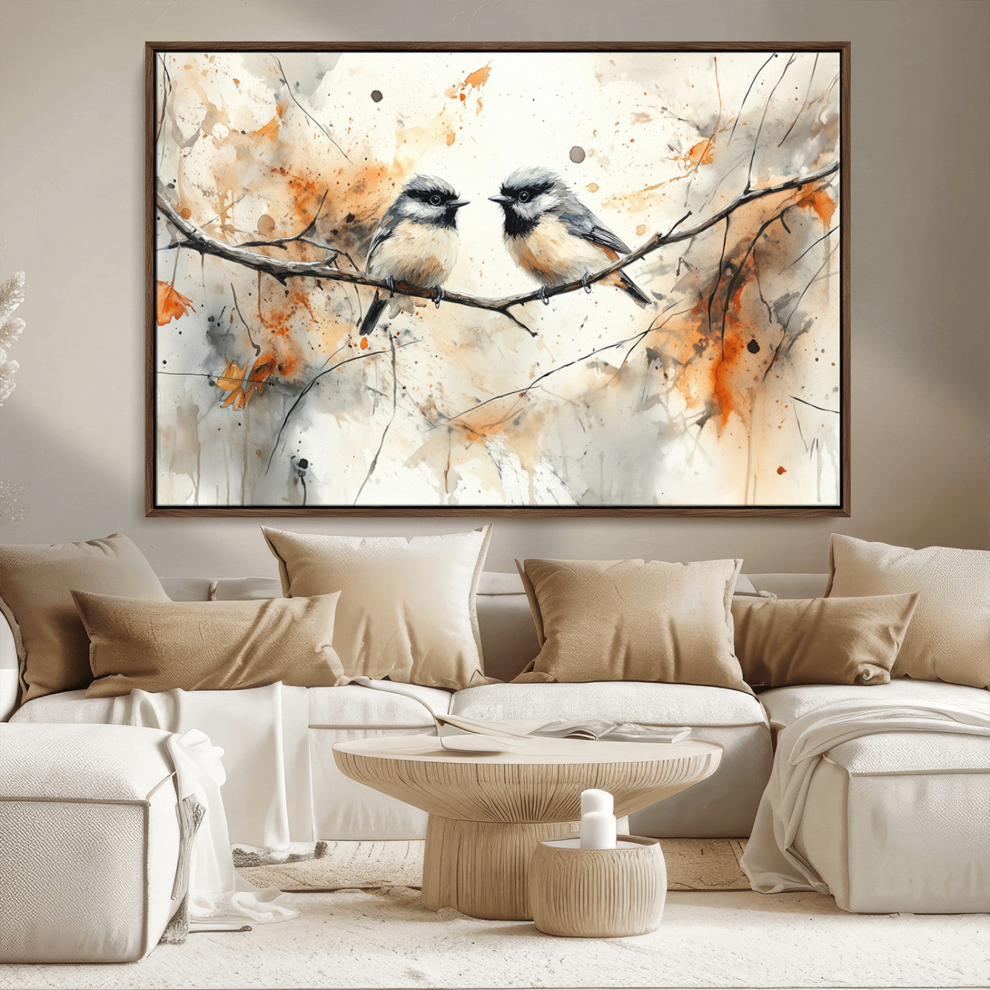MGV-FC-36X24 - Abstract Watercolor Chickadee Bird Canvas Wall Art Print - Large Bird and Branch Wall Art, Modern