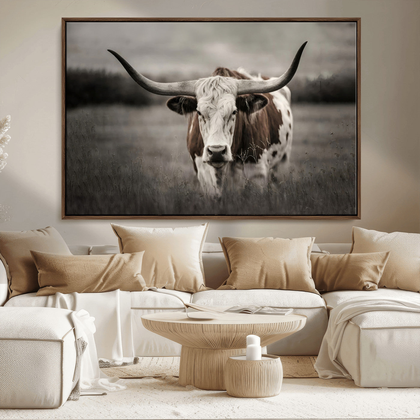 MGV-FC-36X24 - Texas Longhorn Cow Canvas Wall Art Print - Large Rustic Longhorn Art for Living Room, Western Wall