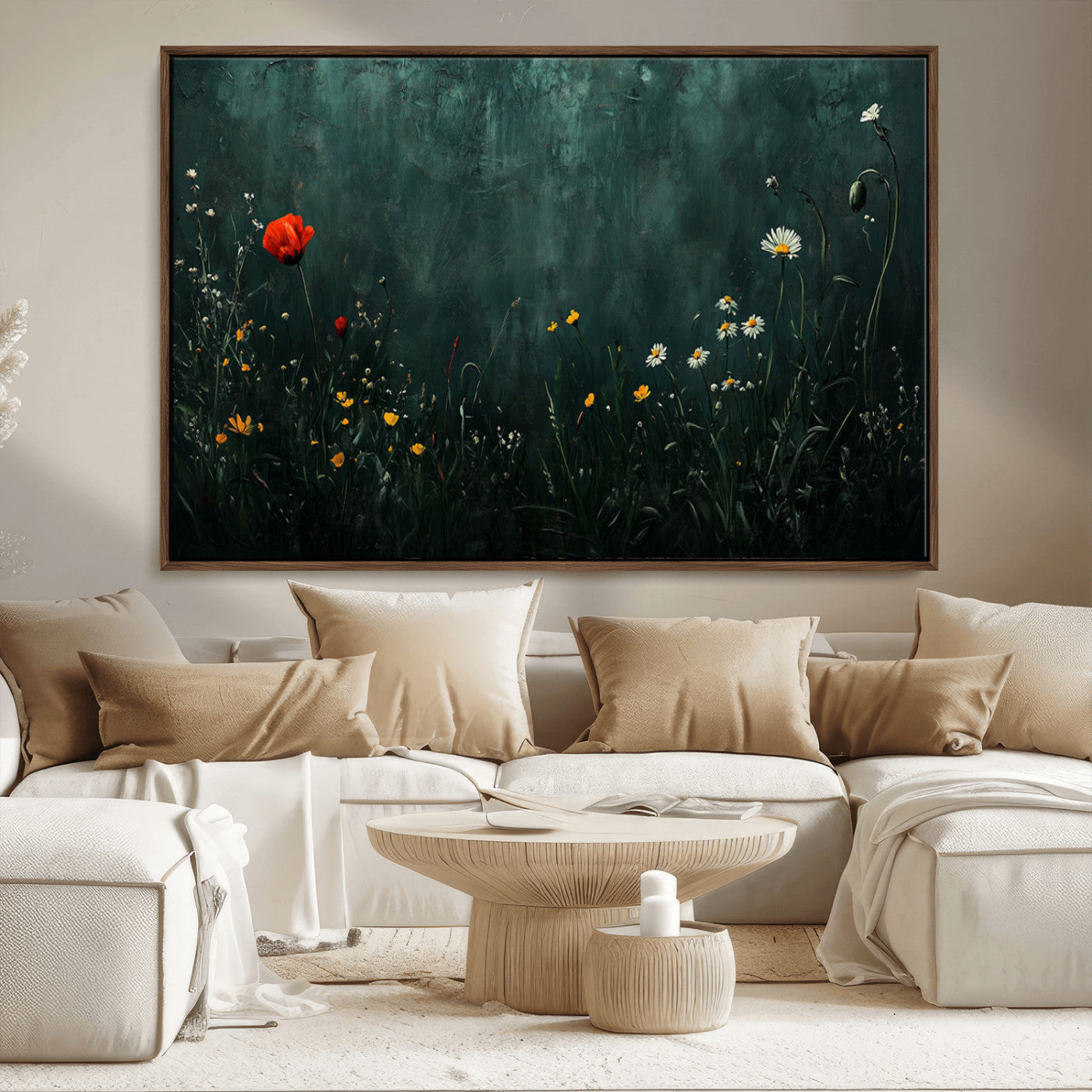 MGV-FC-36X24 - Wildflower Field Framed Wall Art, Vintage Botanical Landscape Sign, Botanical Wall Art, Modern