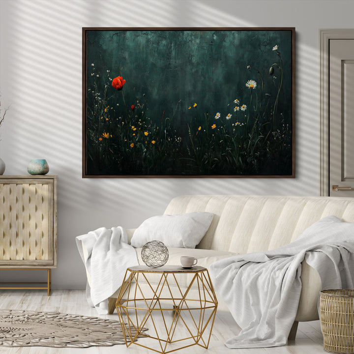 Wildflower Field Framed Wall Art, Vintage Botanical Landscape Sign, Botanical Wall Art, Modern Farmhouse Canvas Art, Field Of Flowers Canvas Print