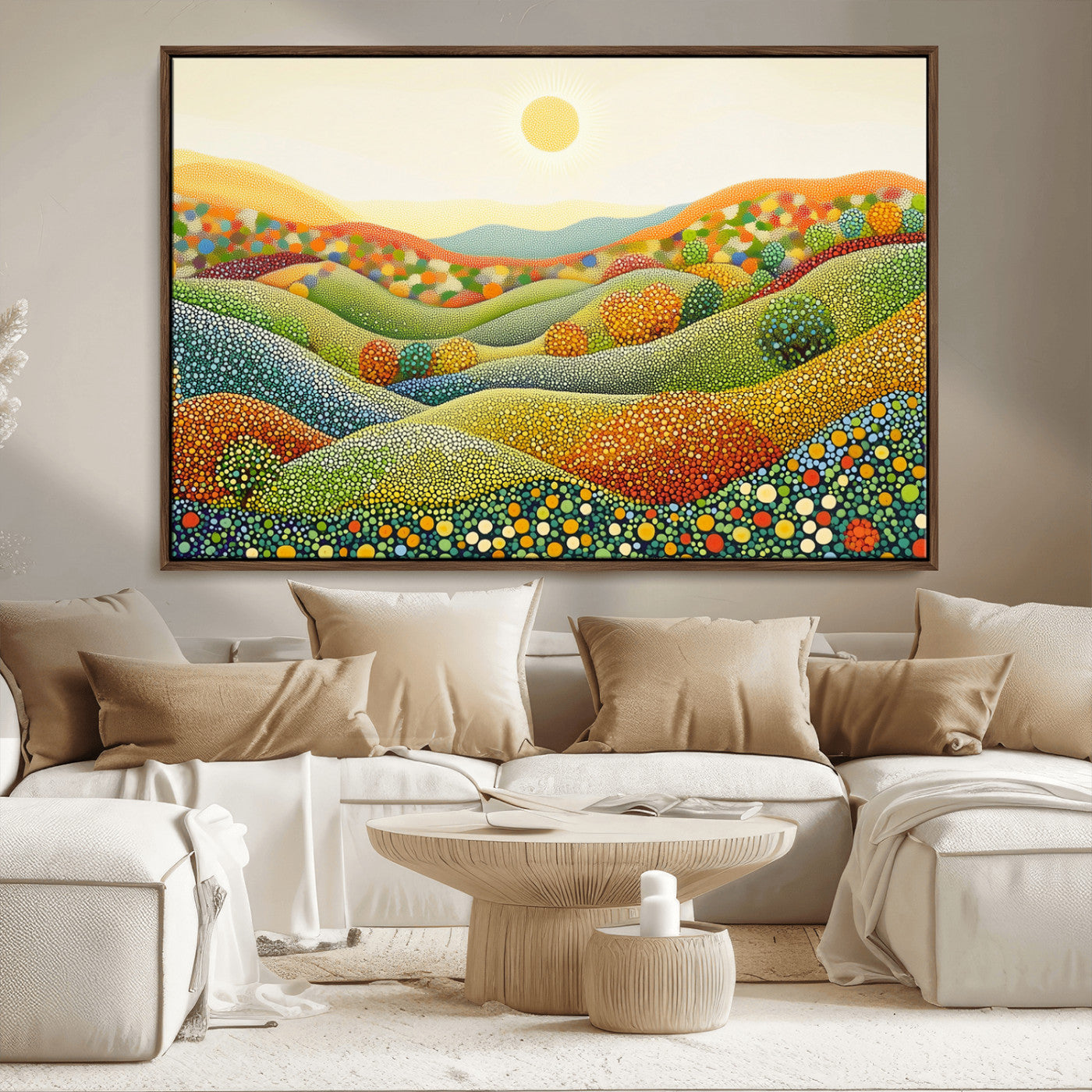 MGV-FC-36X24 - YAYOI KUSAMA Wall Art - Colorful Dot Art Landscape Canvas, Framed Japanese Dot Art