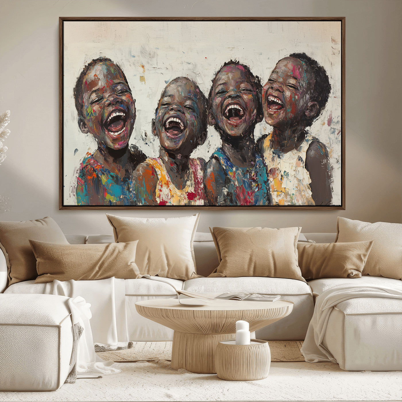 85256-MGV-CV-36X24-Shai Yossef Print - Joyful Childhood Canvas Wall Art - Expressive Impasto Painting of Laughing